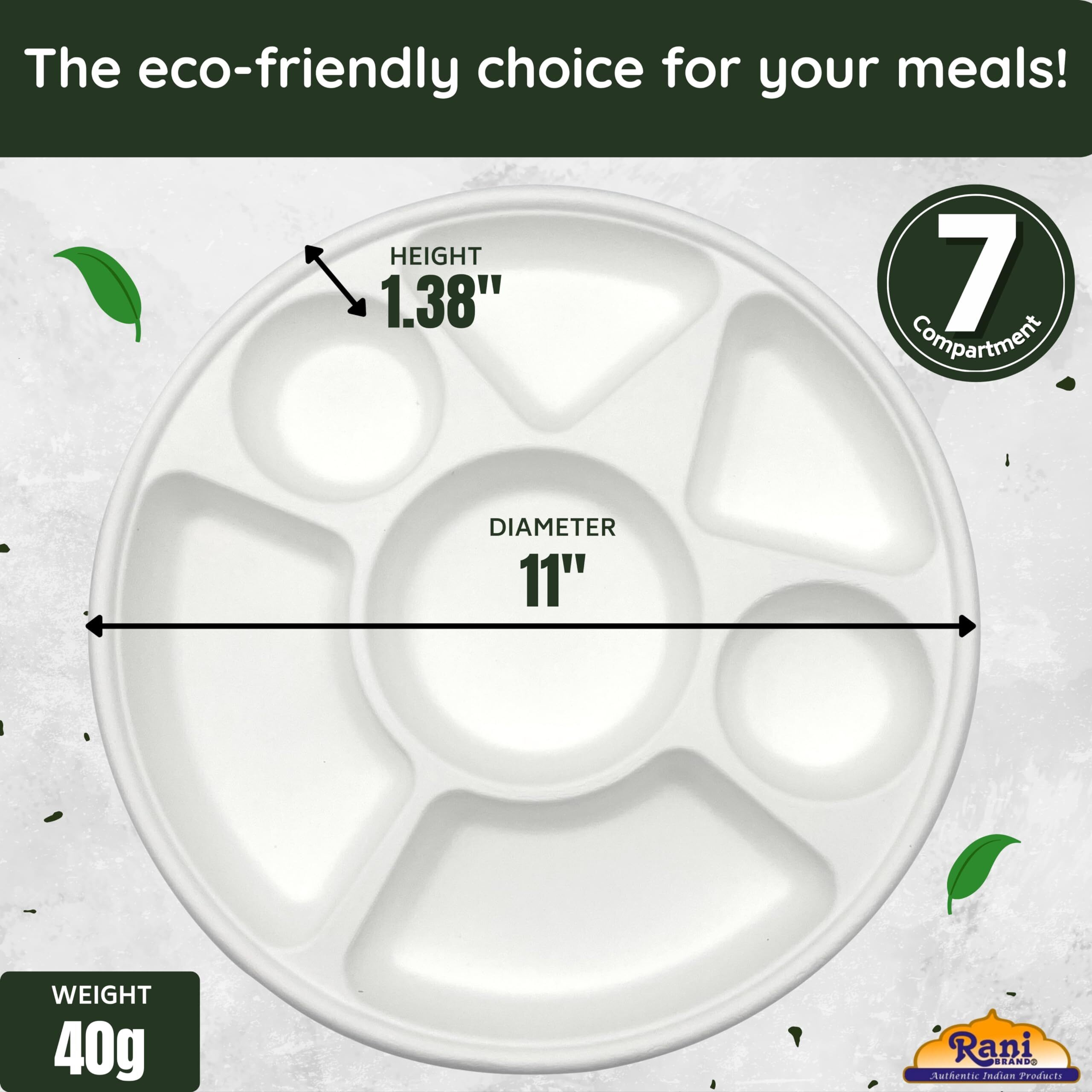 Rani 7 Compartment Round Biodegradable Divided Plates, Pack of 500 ~ Party, Thali, Buffet, Disposable & Eco-Friendly, Heavy-Duty Sturdy Paper Bagasse, Premium Quality, 11  Diameter, 1.38  Height