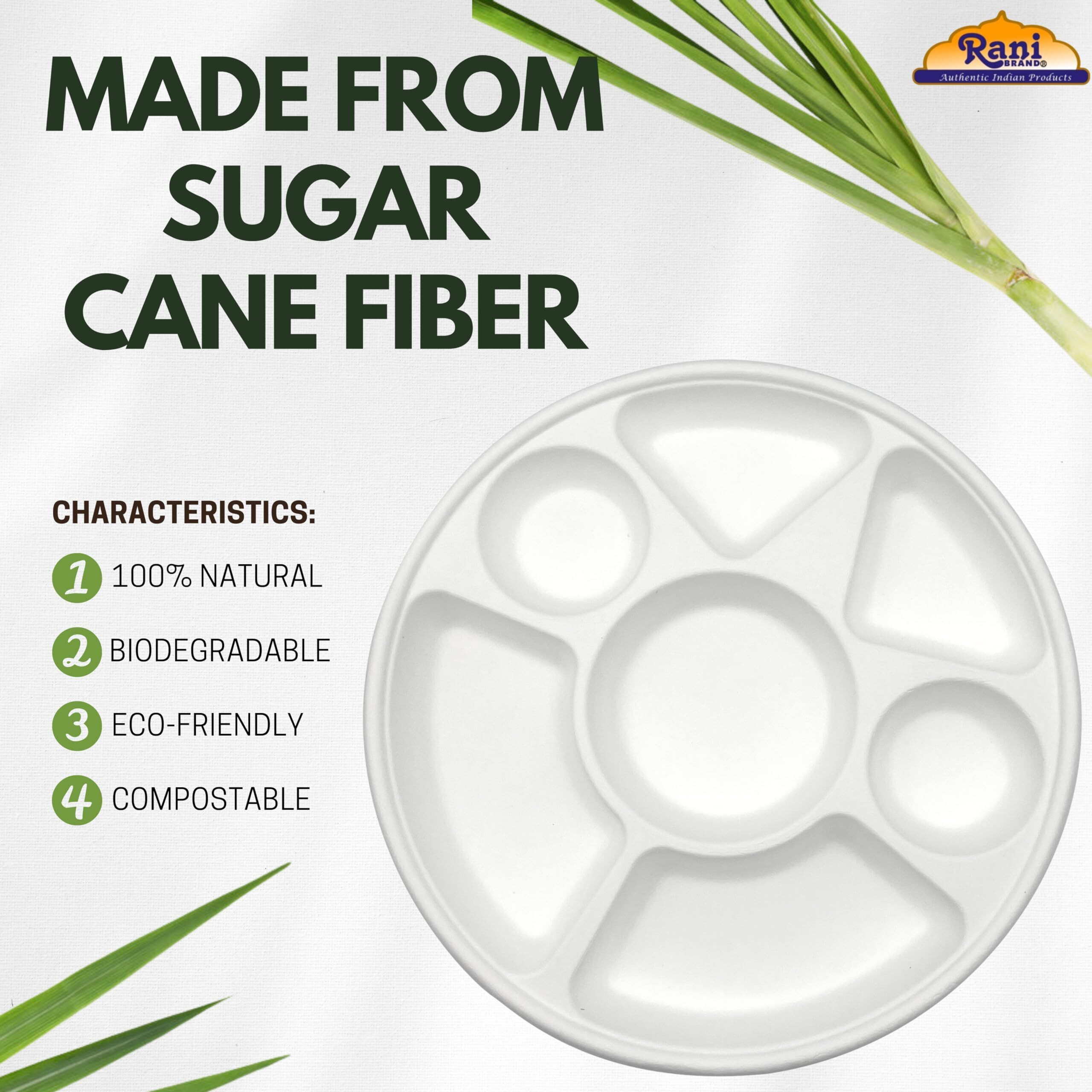Rani 7 Compartment Round Biodegradable Divided Plates, Pack of 500 ~ Party, Thali, Buffet, Disposable & Eco-Friendly, Heavy-Duty Sturdy Paper Bagasse, Premium Quality, 11  Diameter, 1.38  Height