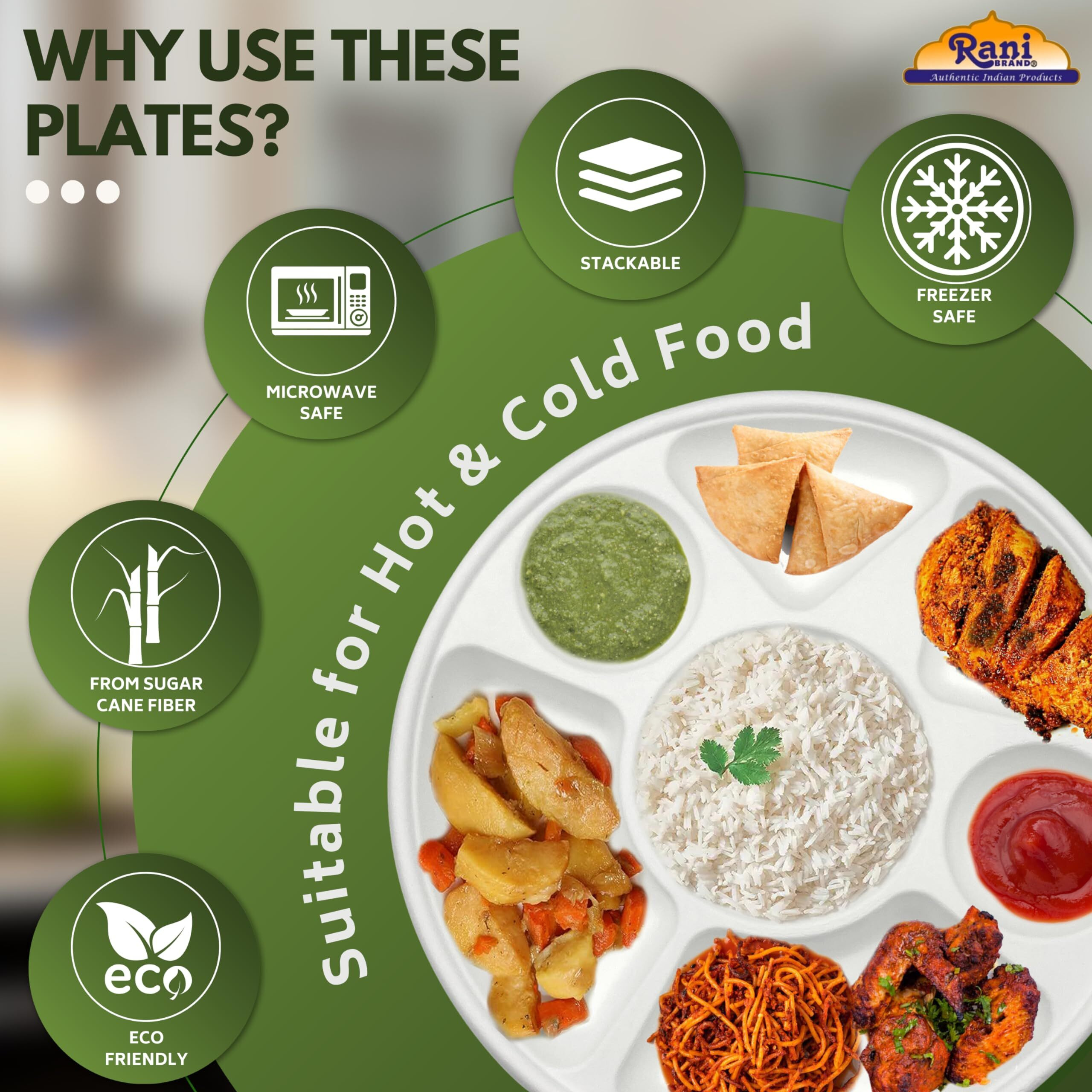 Rani 7 Compartment Round Biodegradable Divided Plates, Pack of 500 ~ Party, Thali, Buffet, Disposable & Eco-Friendly, Heavy-Duty Sturdy Paper Bagasse, Premium Quality, 11  Diameter, 1.38  Height