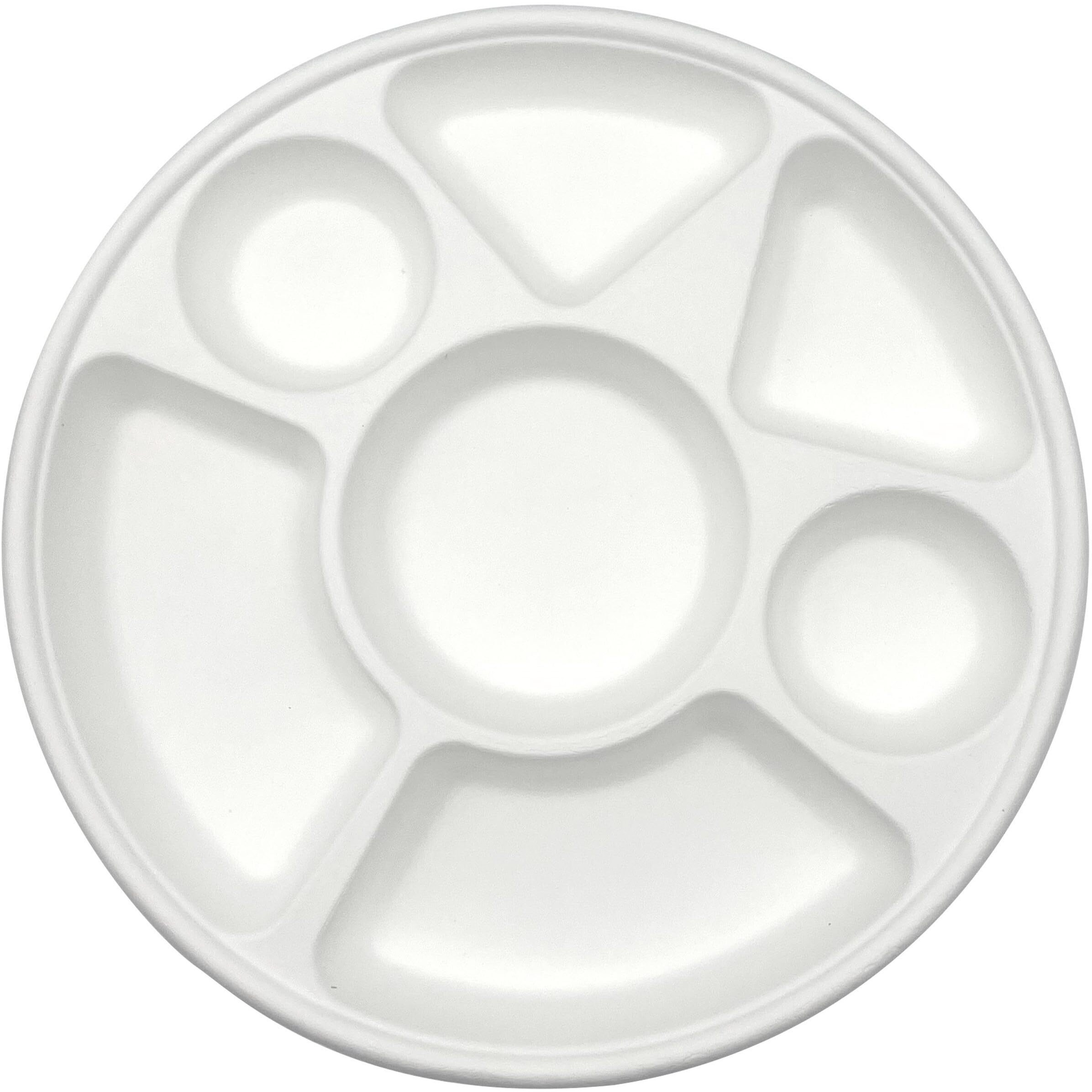 Rani 7 Compartment Round Biodegradable Divided Plates, Pack of 500 ~ Party, Thali, Buffet, Disposable & Eco-Friendly, Heavy-Duty Sturdy Paper Bagasse, Premium Quality, 11  Diameter, 1.38  Height