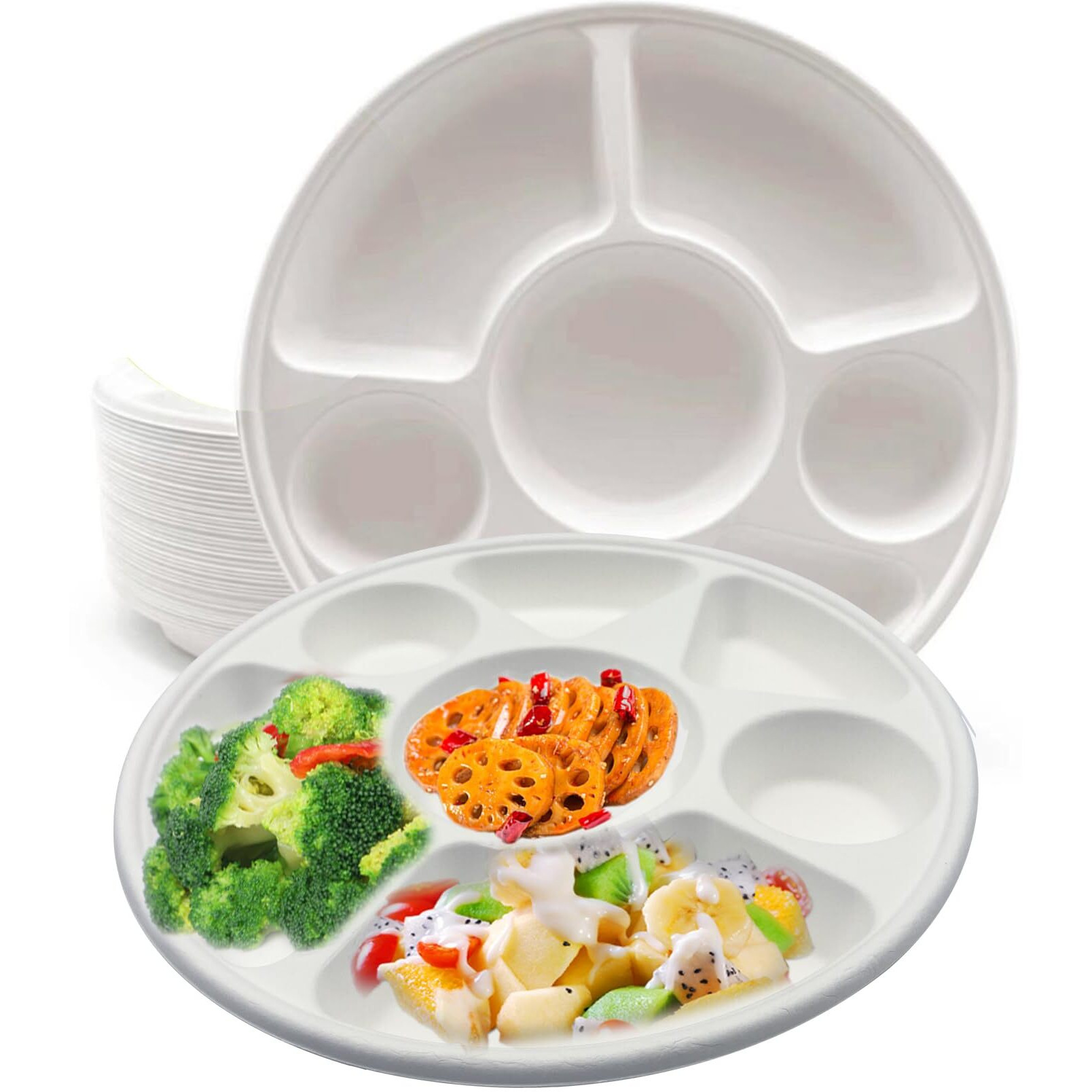 Rani 7 Compartment Round Biodegradable Divided Plates, Pack of 500 ~ Party, Thali, Buffet, Disposable & Eco-Friendly, Heavy-Duty Sturdy Paper Bagasse, Premium Quality, 11  Diameter, 1.38  Height