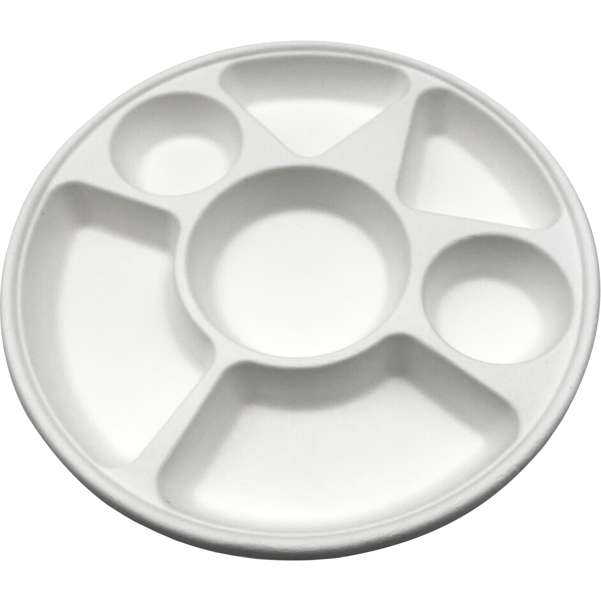 Rani 7 Compartment Round Biodegradable Divided Plates, Pack of 500 ~ Party, Thali, Buffet, Disposable & Eco-Friendly, Heavy-Duty Sturdy Paper Bagasse, Premium Quality, 11  Diameter, 1.38  Height