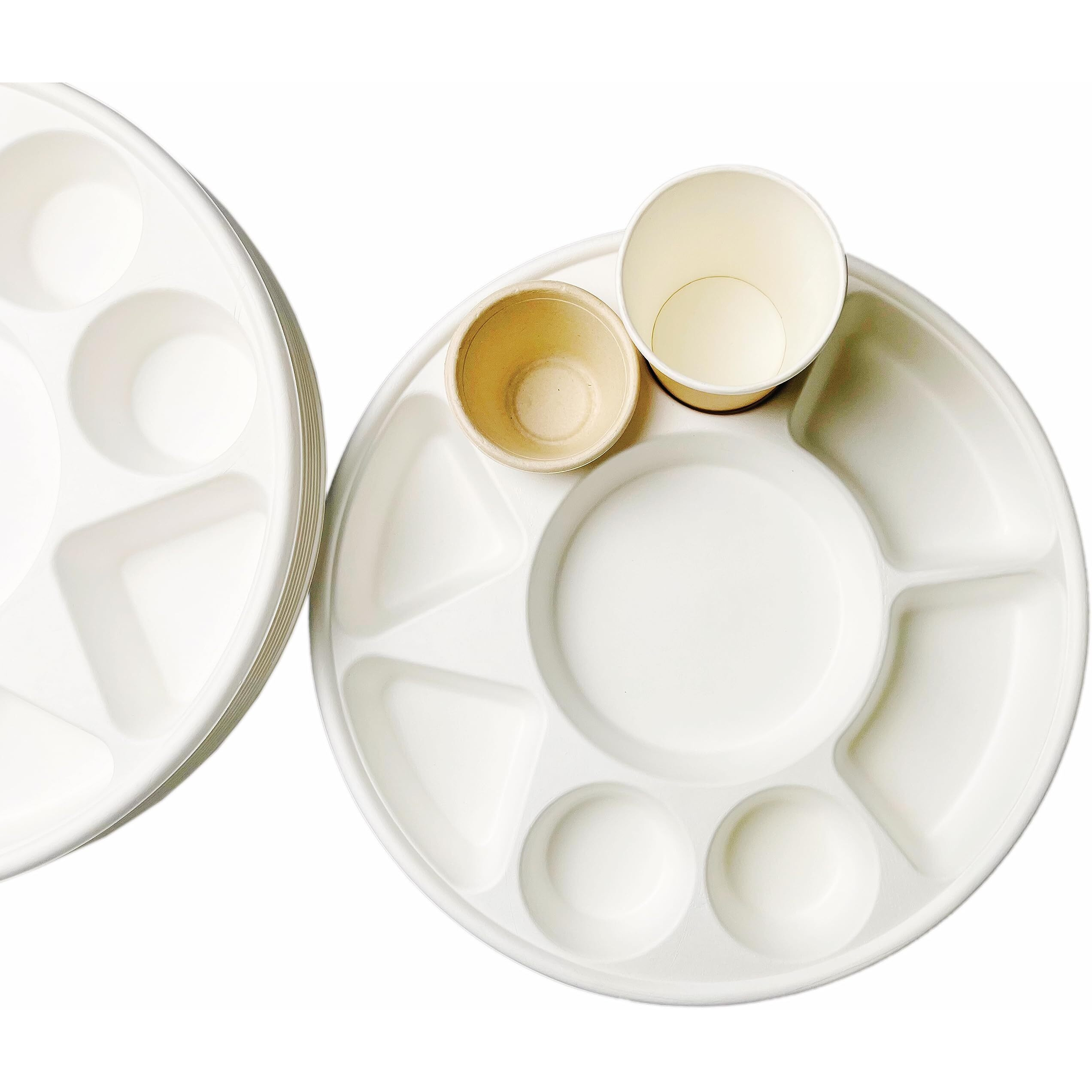 Rani 9 Compartment Round Biodegradable Divided Plates, Pack of 200 ~ Party, Thali, Buffet, Disposable & Eco-Friendly, Heavy-Duty Sturdy Paper Bagasse, Premium Quality, 12.44  Diameter 1.38  Height
