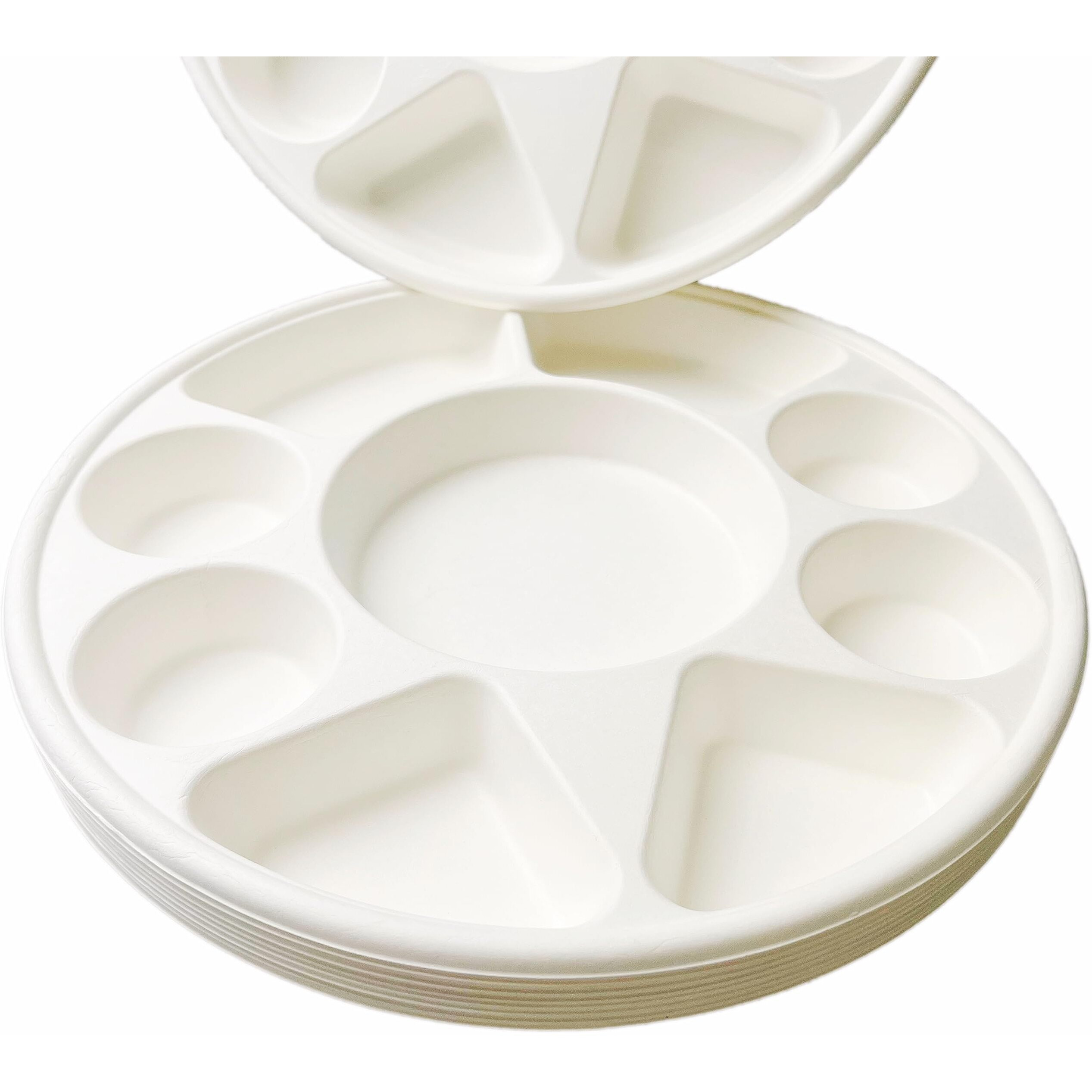 Rani 9 Compartment Round Biodegradable Divided Plates, Pack of 200 ~ Party, Thali, Buffet, Disposable & Eco-Friendly, Heavy-Duty Sturdy Paper Bagasse, Premium Quality, 12.44  Diameter 1.38  Height