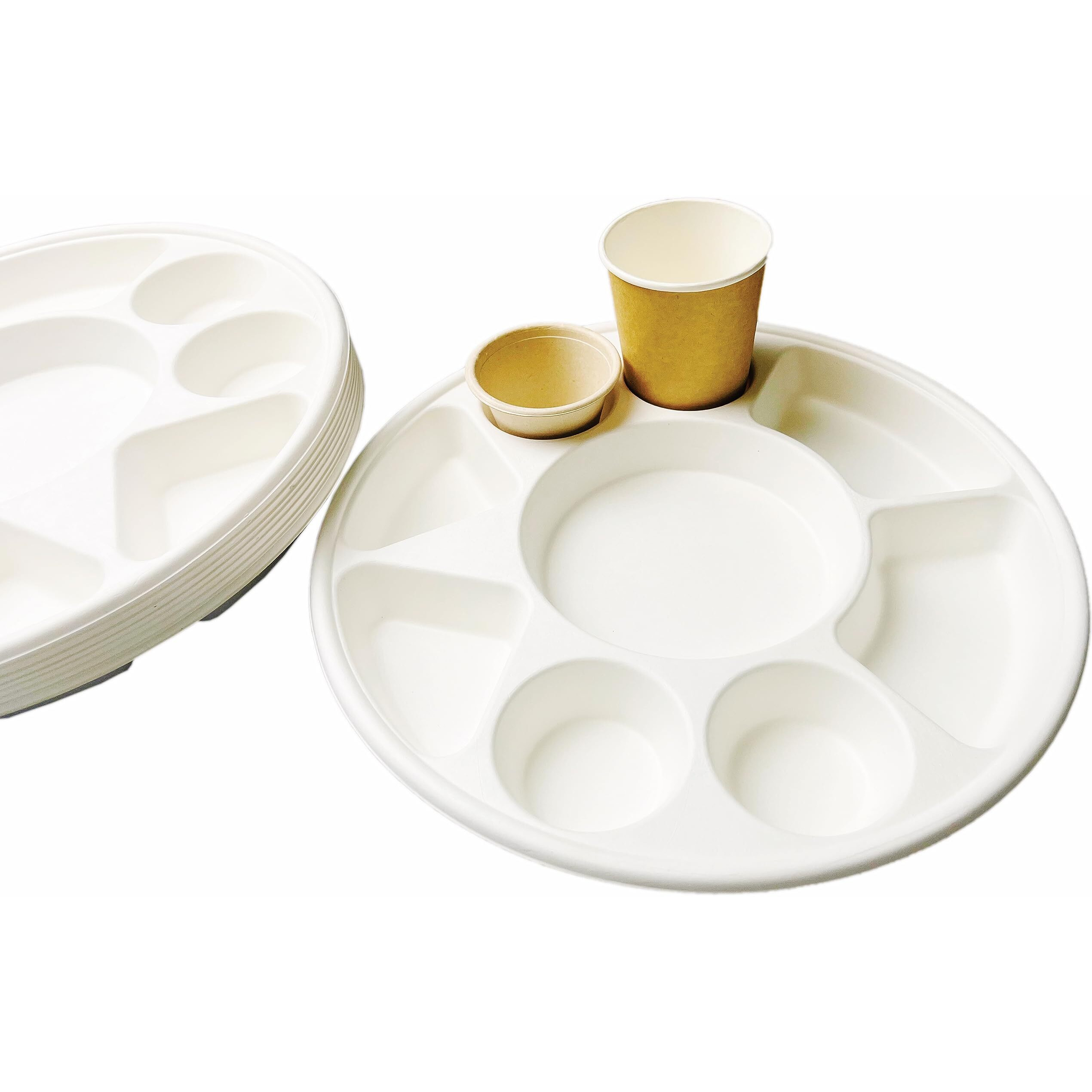 Rani 9 Compartment Round Biodegradable Divided Plates, Pack of 200 ~ Party, Thali, Buffet, Disposable & Eco-Friendly, Heavy-Duty Sturdy Paper Bagasse, Premium Quality, 12.44  Diameter 1.38  Height
