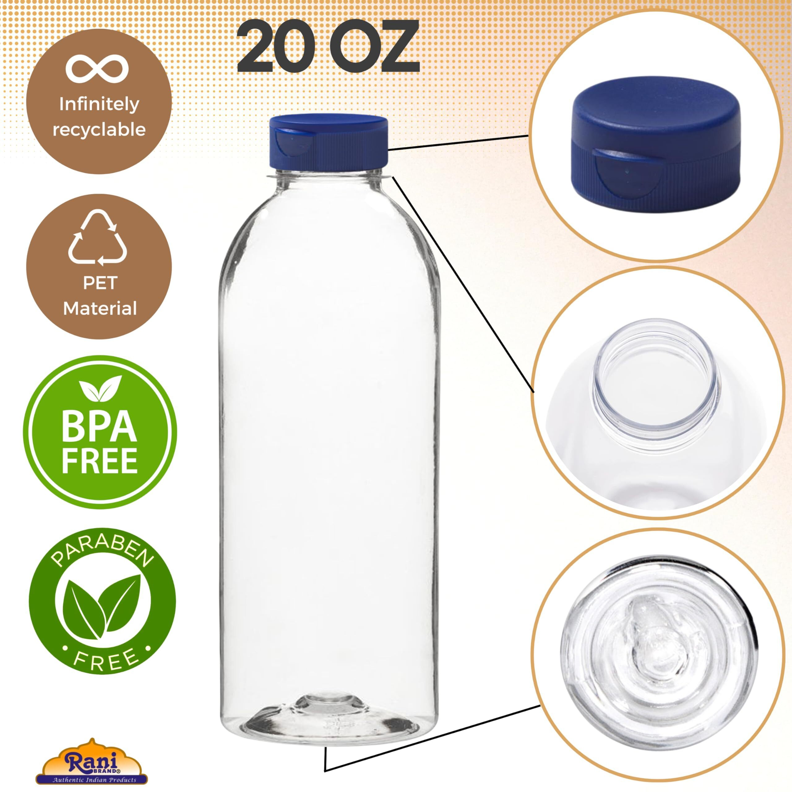 Rani Clear Plastic Bottles, 20oz PET Bottle with Flip-top Caps, BPA - FREE, Home & Commercial Use, Containers for Sauces, Condiments, Shampoo, Lotion, Sanitizer, Made in USA - Pack of 50