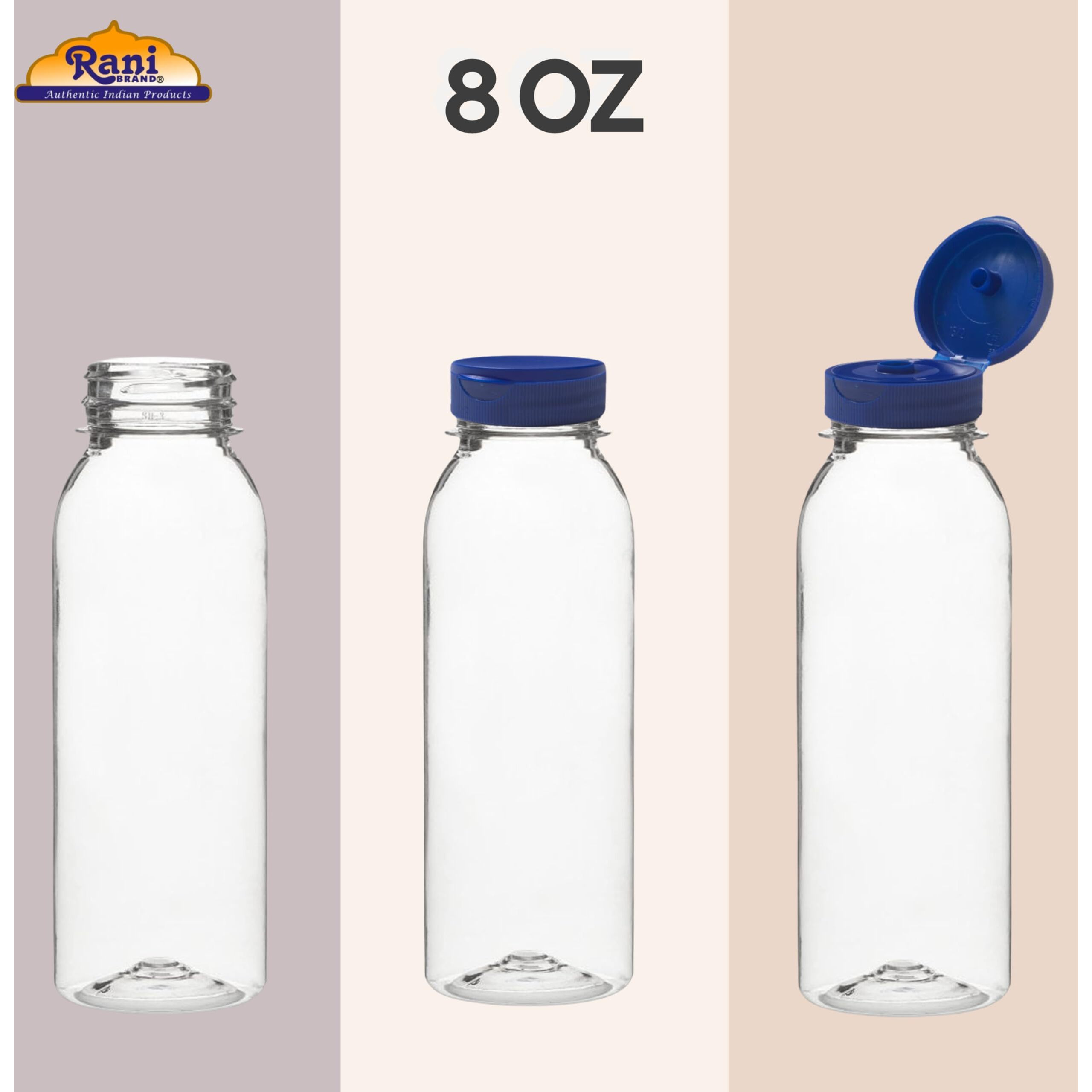 Rani Clear Plastic Bottles, 8oz PET Bottle with Flip-top Caps, BPA - FREE, Home & Commercial Use, Containers for Sauces, Condiments, Shampoo, Lotion, Sanitizer| Made in USA - Pack of 100