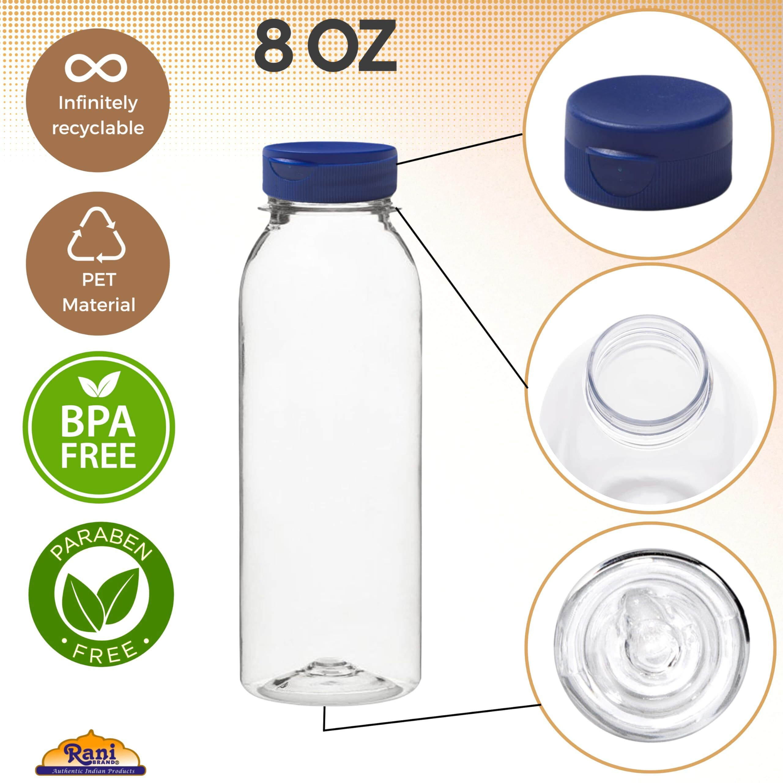 Rani Clear Plastic Bottles, 8oz PET Bottle with Flip-top Caps, BPA - FREE, Home & Commercial Use, Containers for Sauces, Condiments, Shampoo, Lotion, Sanitizer| Made in USA - Pack of 50