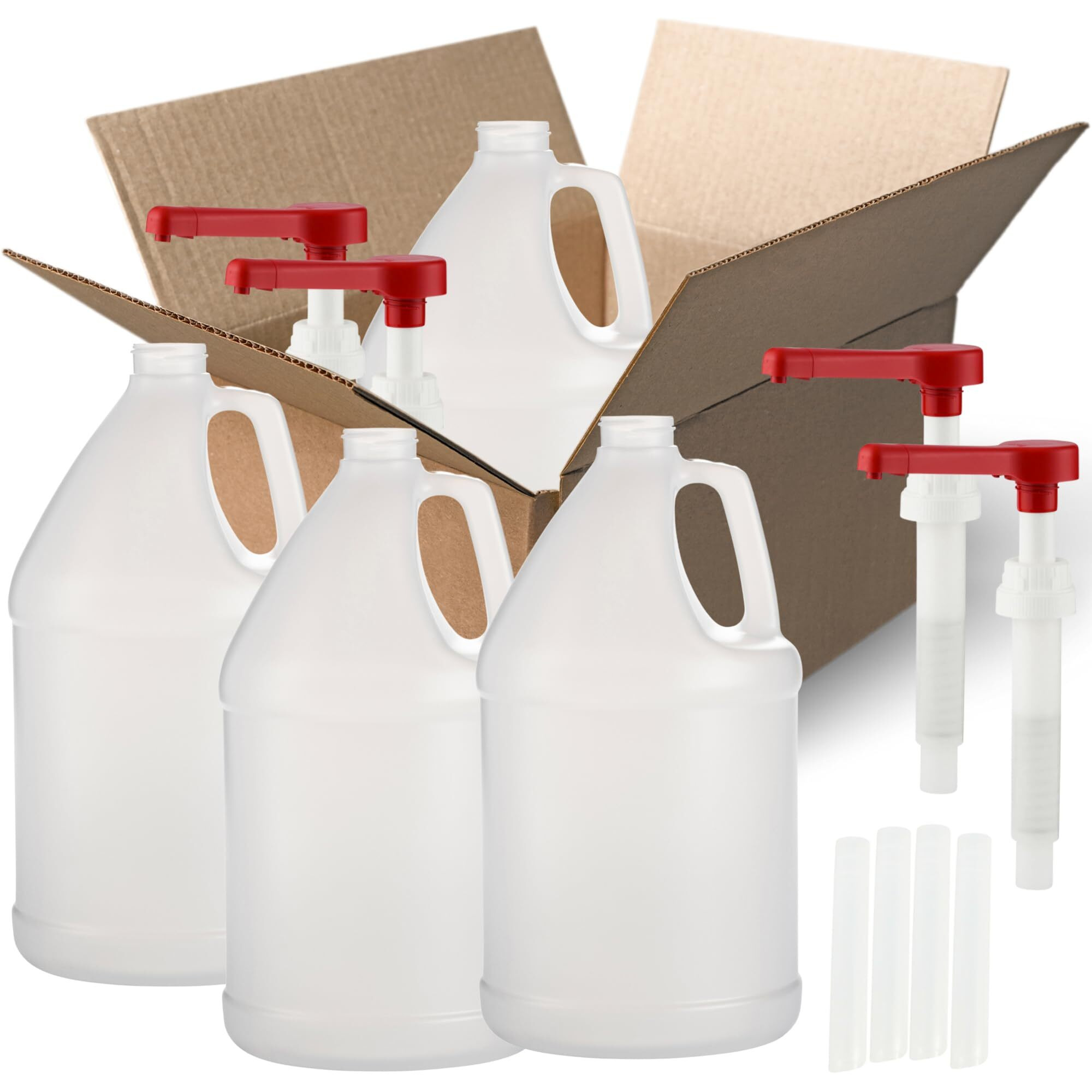 Rani Containers, 1 Gallon HDPE Plastic Jug with Reshipper Box & Pump Dispenser, Home & Commercial Use, Containers for Water, Sauces, Food, Soaps, Detergents, Liquids, Made in USA - Pack of 4