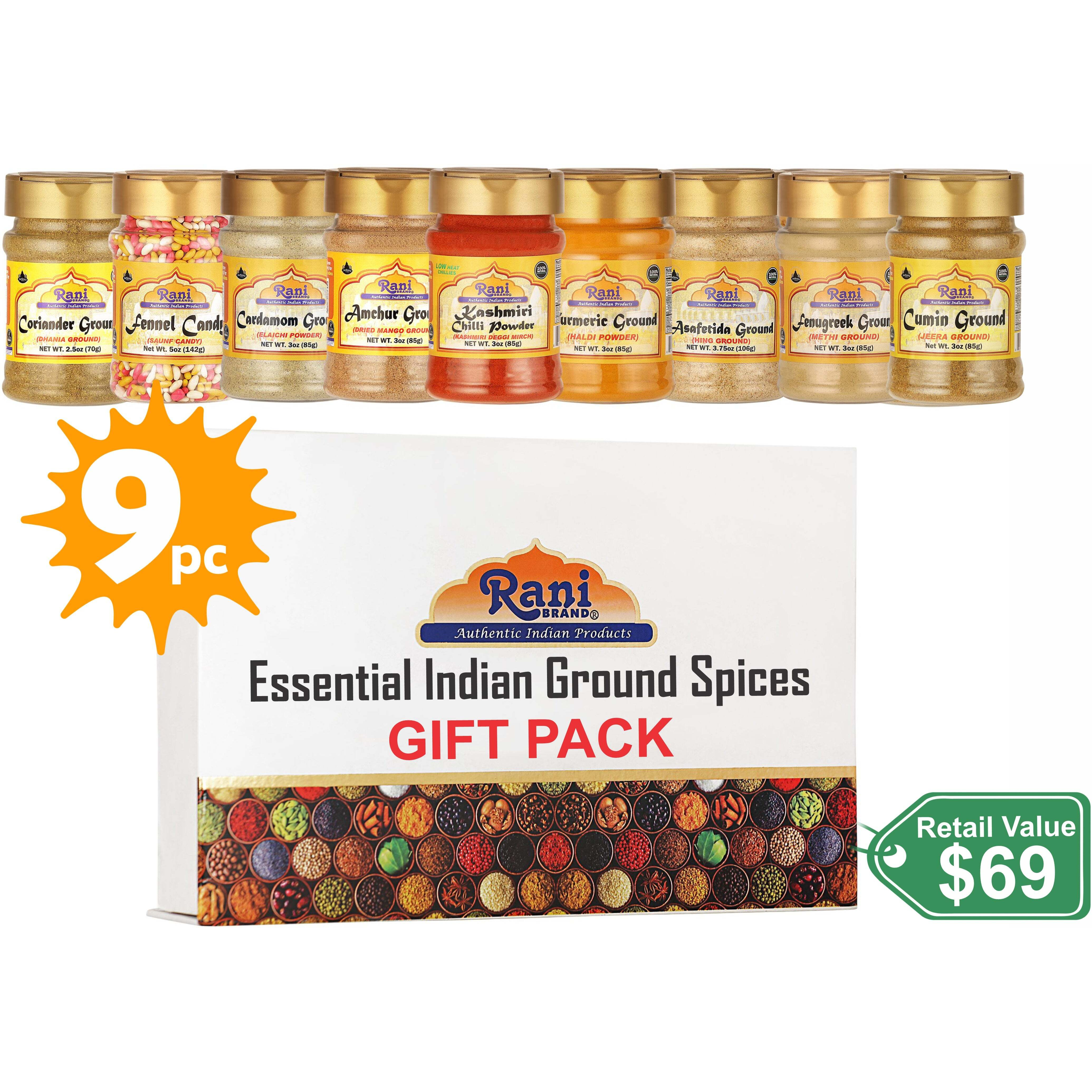 Rani Essential Indian Ground Spices 9 Bottle Gift Box Set, Average Weight per Bottle 3oz (85g), Indian Cooking, Makes a Great Gift