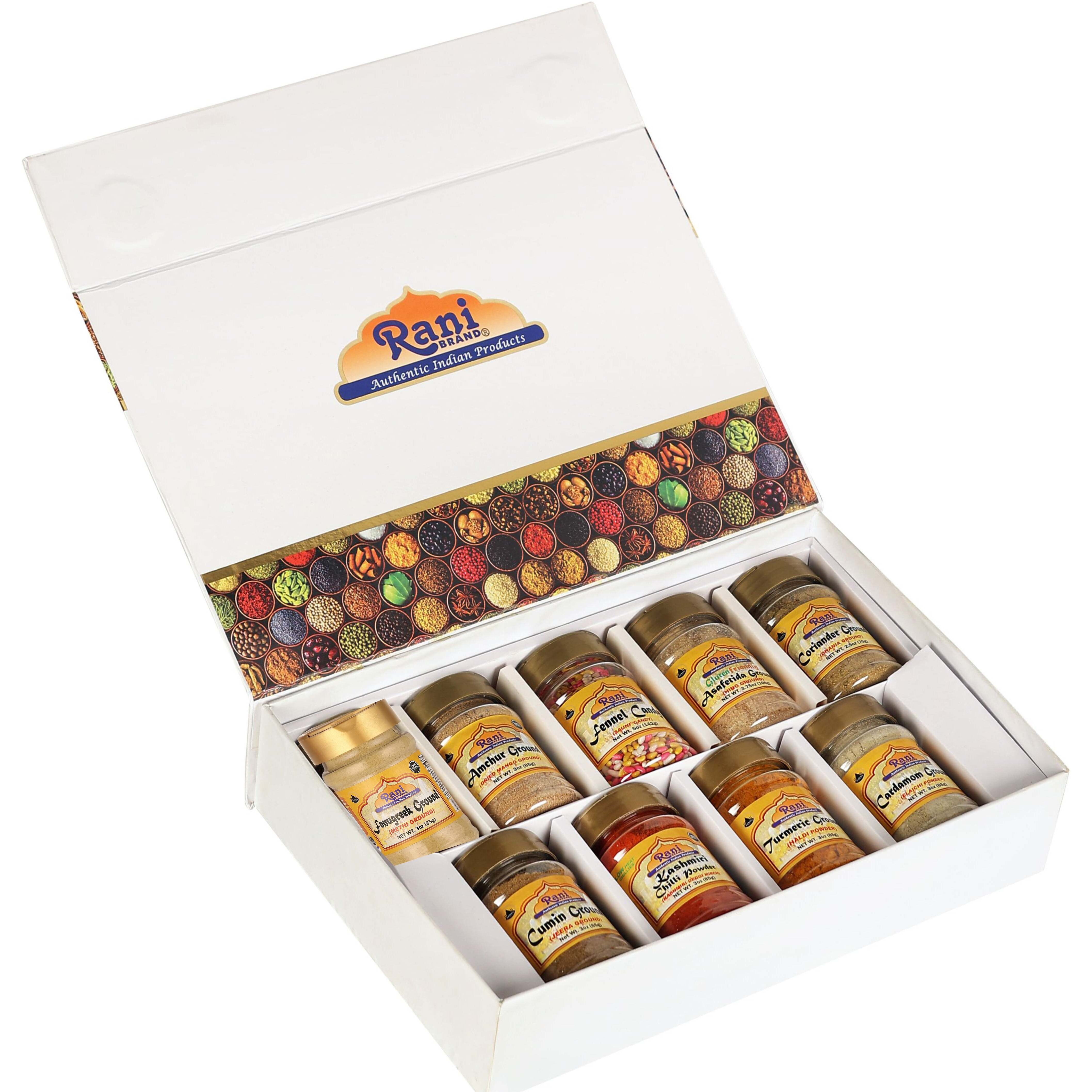 Rani Essential Indian Ground Spices 9 Bottle Gift Box Set, Average Weight per Bottle 3oz (85g), Indian Cooking, Makes a Great Gift