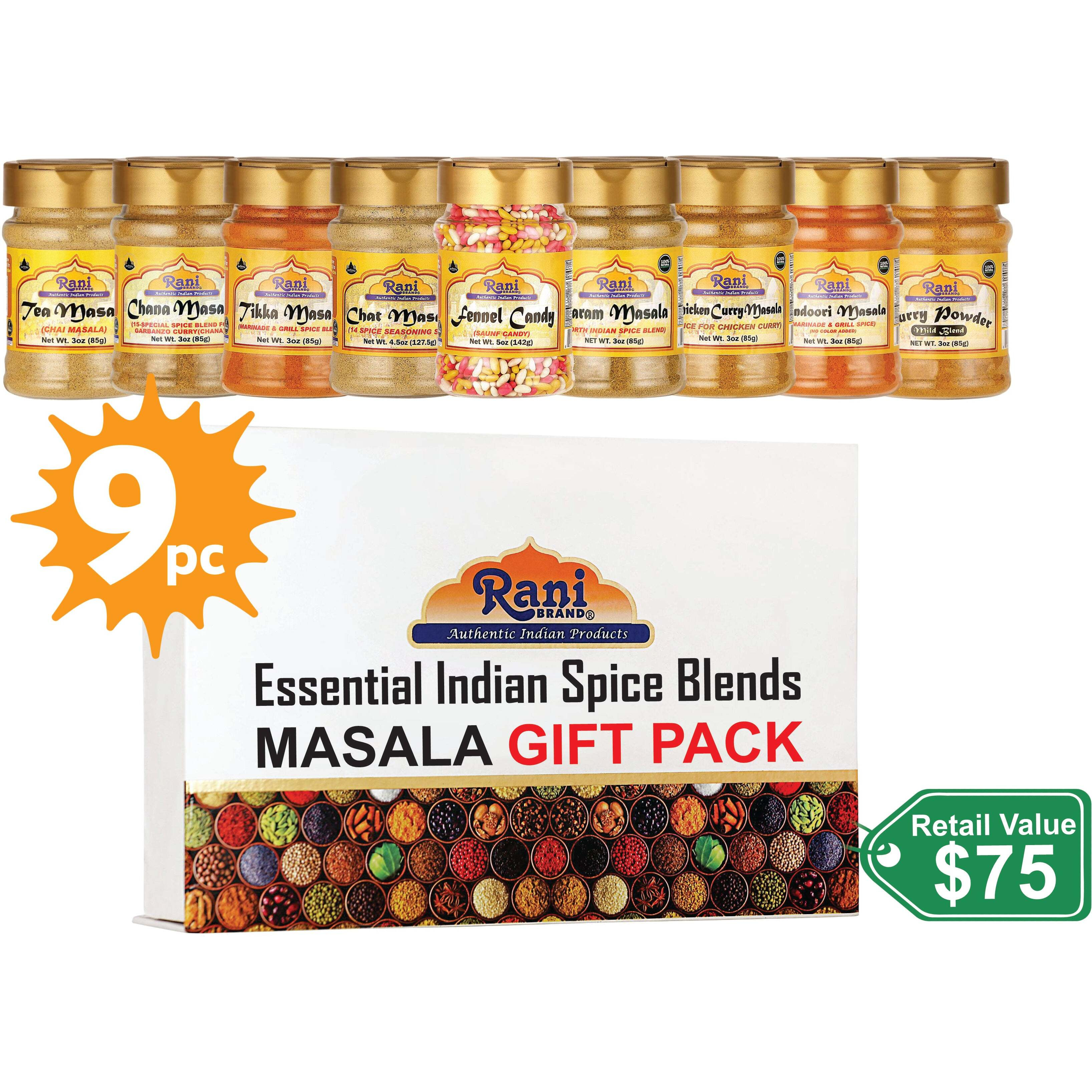Rani Essential Indian Spice Blends (Masala) 9 Bottle Gift Box Set, Average Weight per Bottle 3oz (85g), Indian Cooking, Makes a Great Gift