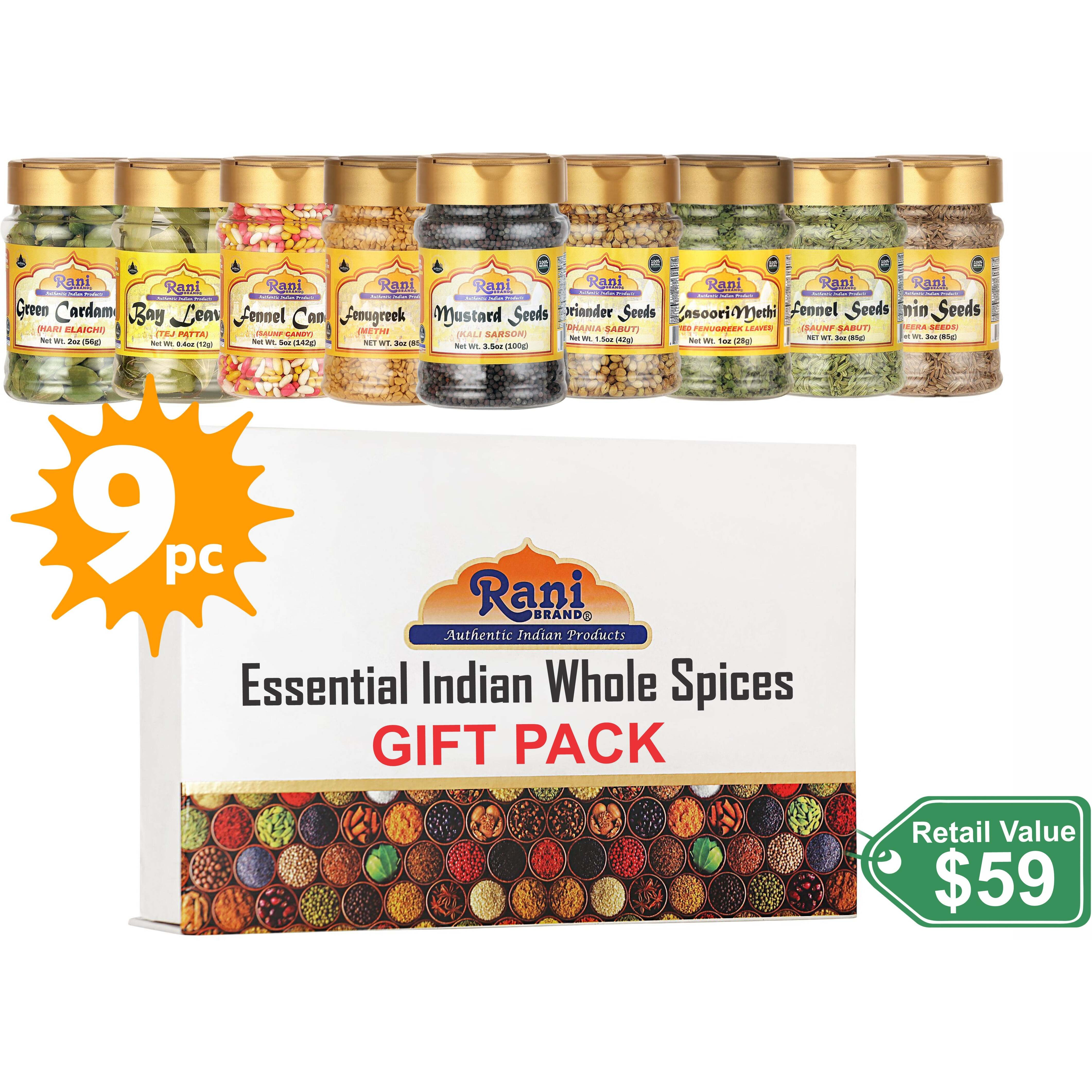 Rani Essential Indian Whole Spices 9 Bottle Gift Box Set, Average Weight per Bottle 3oz (85g), Indian Cooking, Makes a Great Gift