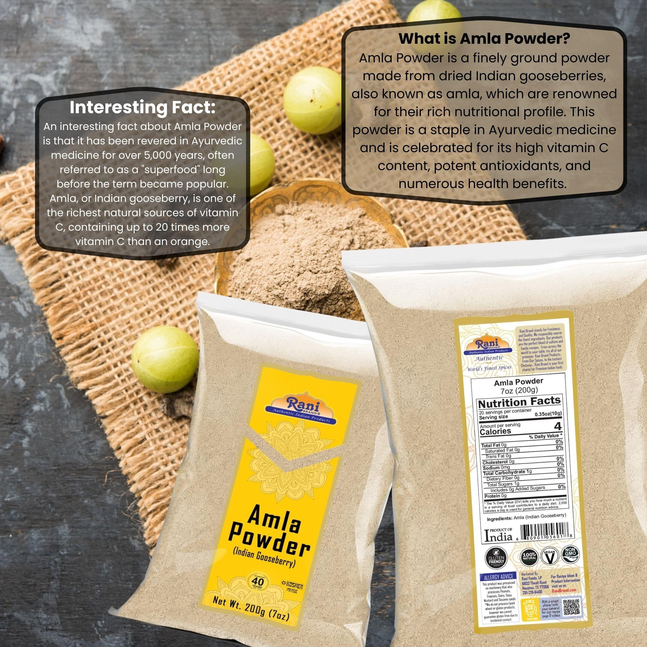 Rani Amla Powder (Indian Gooseberry) 7oz (200g) ~ All Natural, No Color, Gluten Friendly, Vegan, NON-GMO, Kosher, No Salt or fillers, Indian Origin