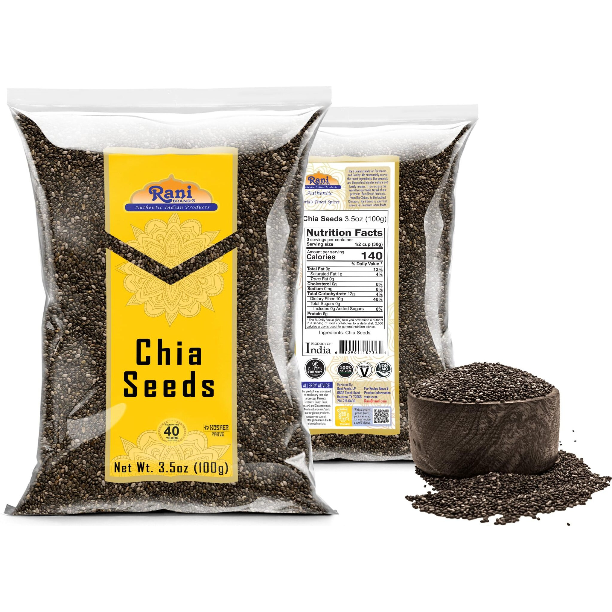 Rani Chia Seeds 3.5oz (100g) ~ All Natural, Vegan, Gluten Friendly, Non-GMO, Kosher, Indian Origin
