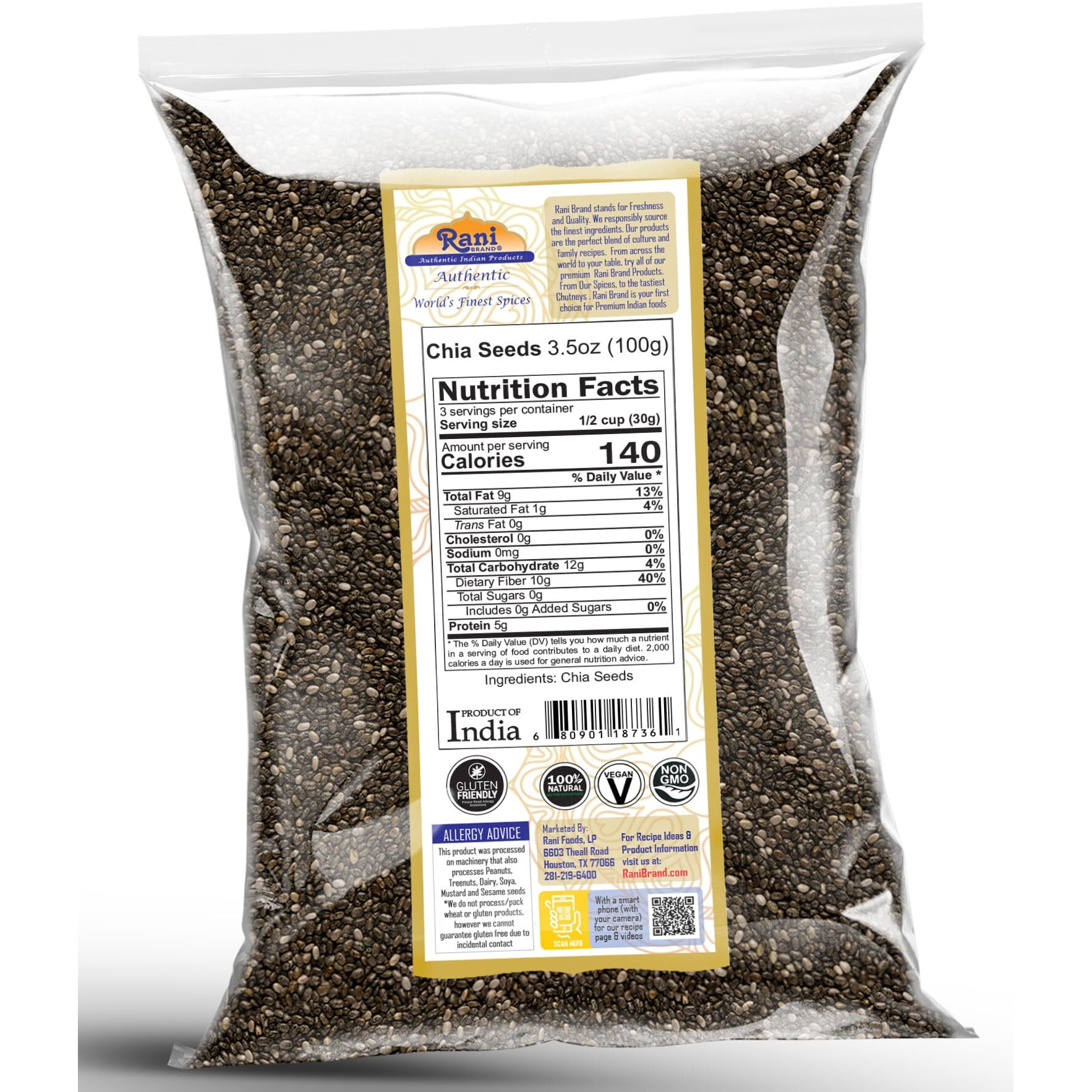 Rani Chia Seeds 3.5oz (100g) ~ All Natural, Vegan, Gluten Friendly, Non-GMO, Kosher, Indian Origin