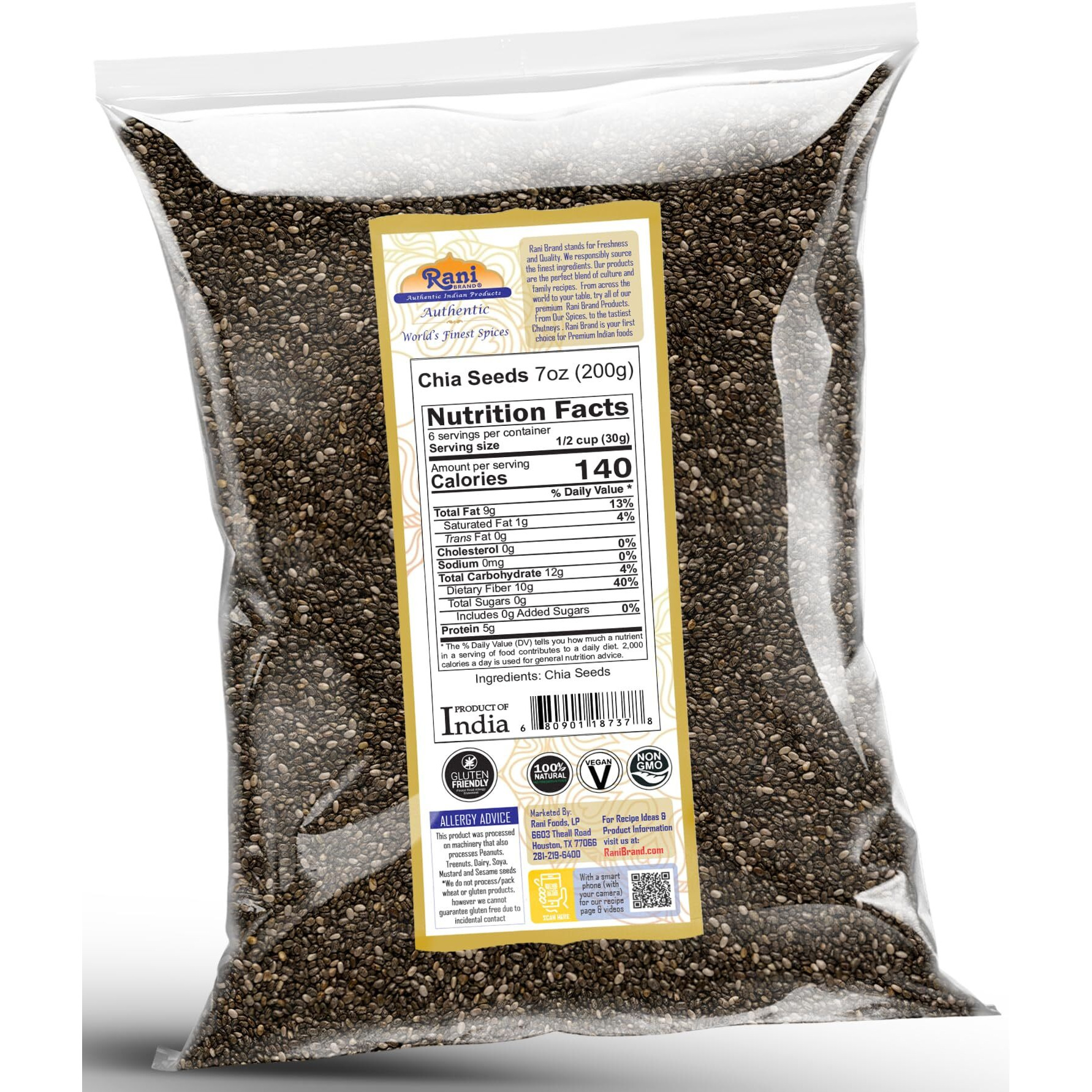 Rani Chia Seeds 7oz (200g) ~ All Natural, Vegan, Gluten Friendly, Non-GMO, Kosher, Indian Origin