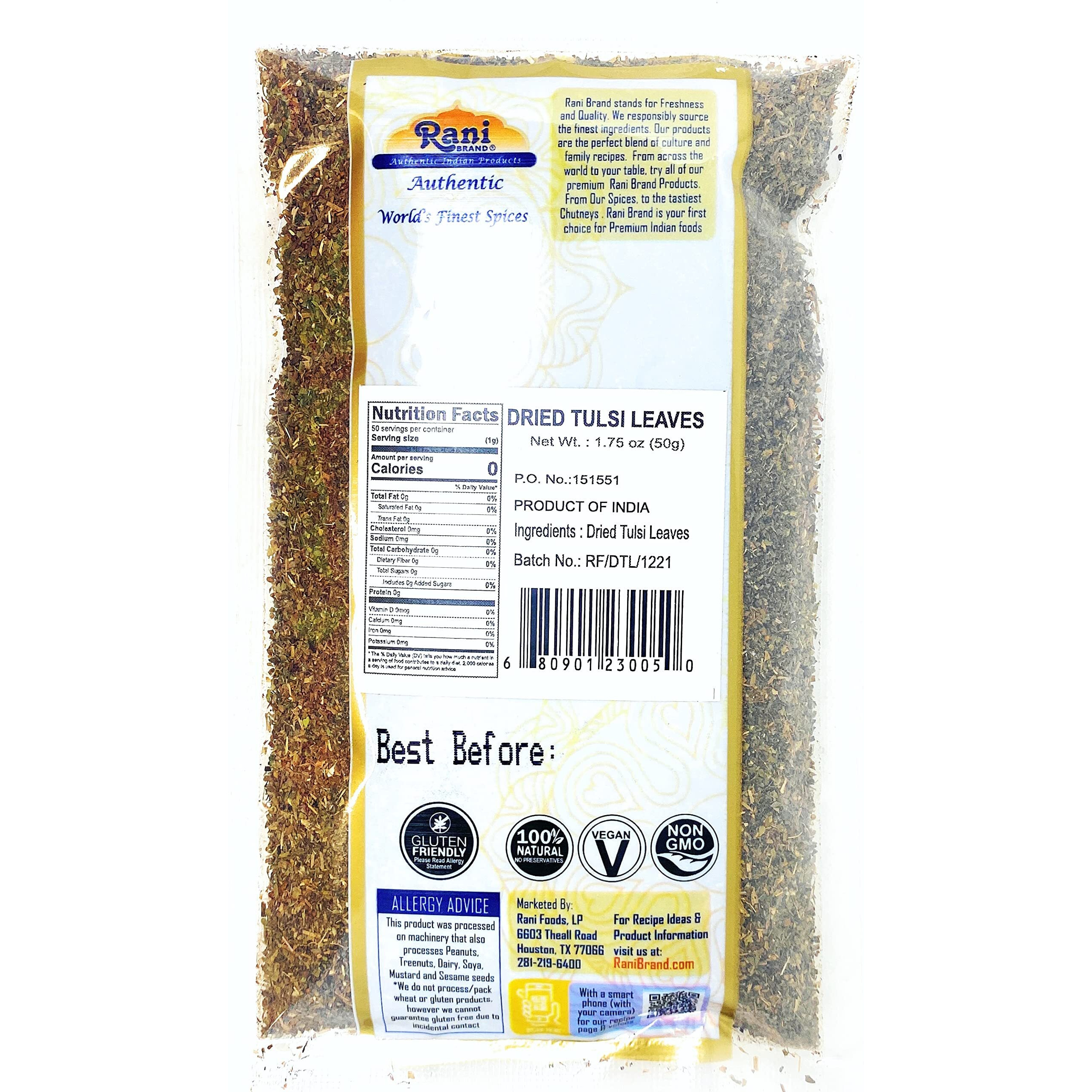 Rani Dried Tulsi (Indian Basil, Holy Basil) Leaves 1.75oz (50g) Used for Beverages & Ayurveda Herbal ~ All Natural, Vegan, Gluten Friendly, Non-GMO, Indian Origin