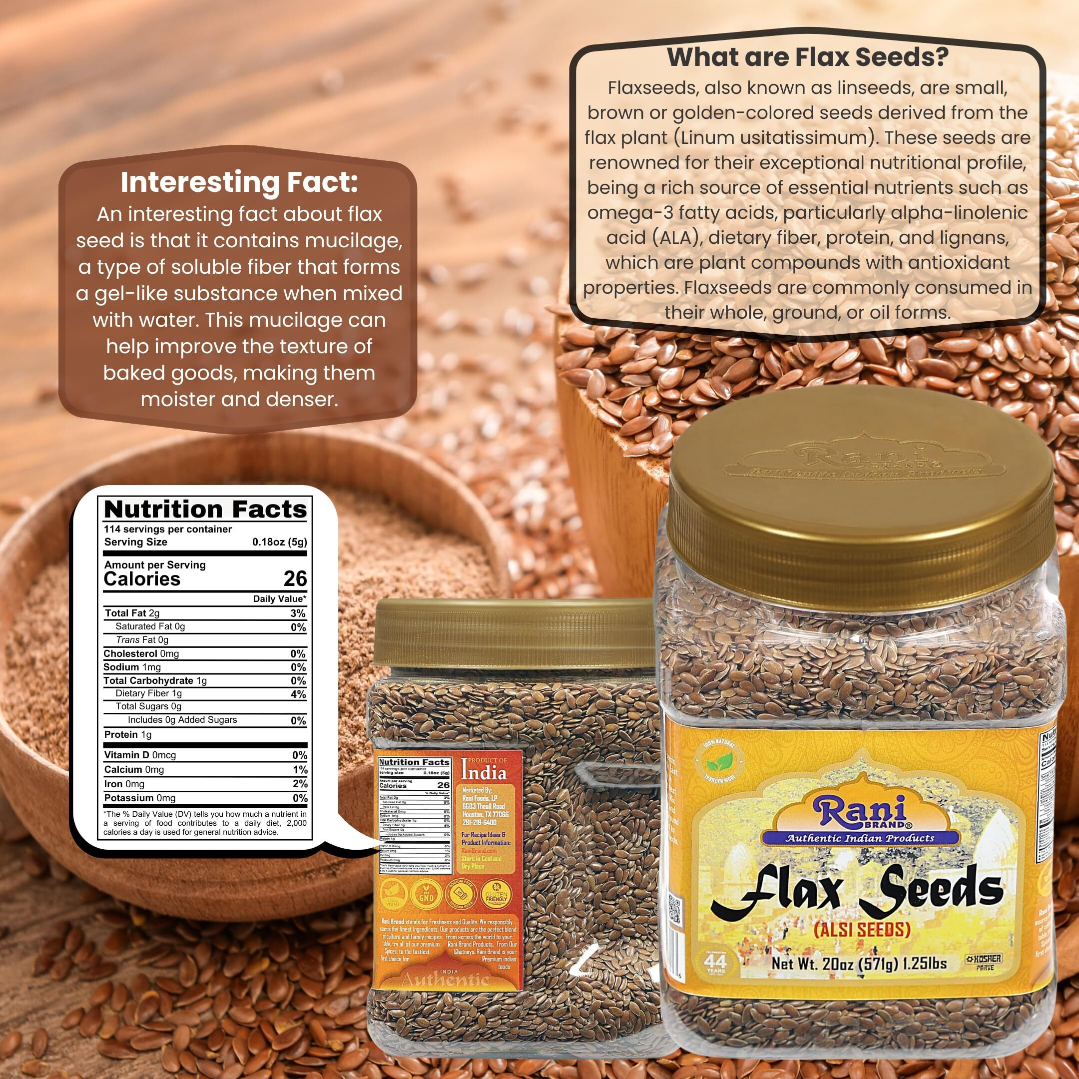 Rani Flax Seeds Whole Raw (Alsi, Linum usitatissimum) 20oz (1.25lbs) 567g PET Jar ~ All Natural, Gluten Friendly, Non-GMO, Kosher, Vegan, Indian Origin