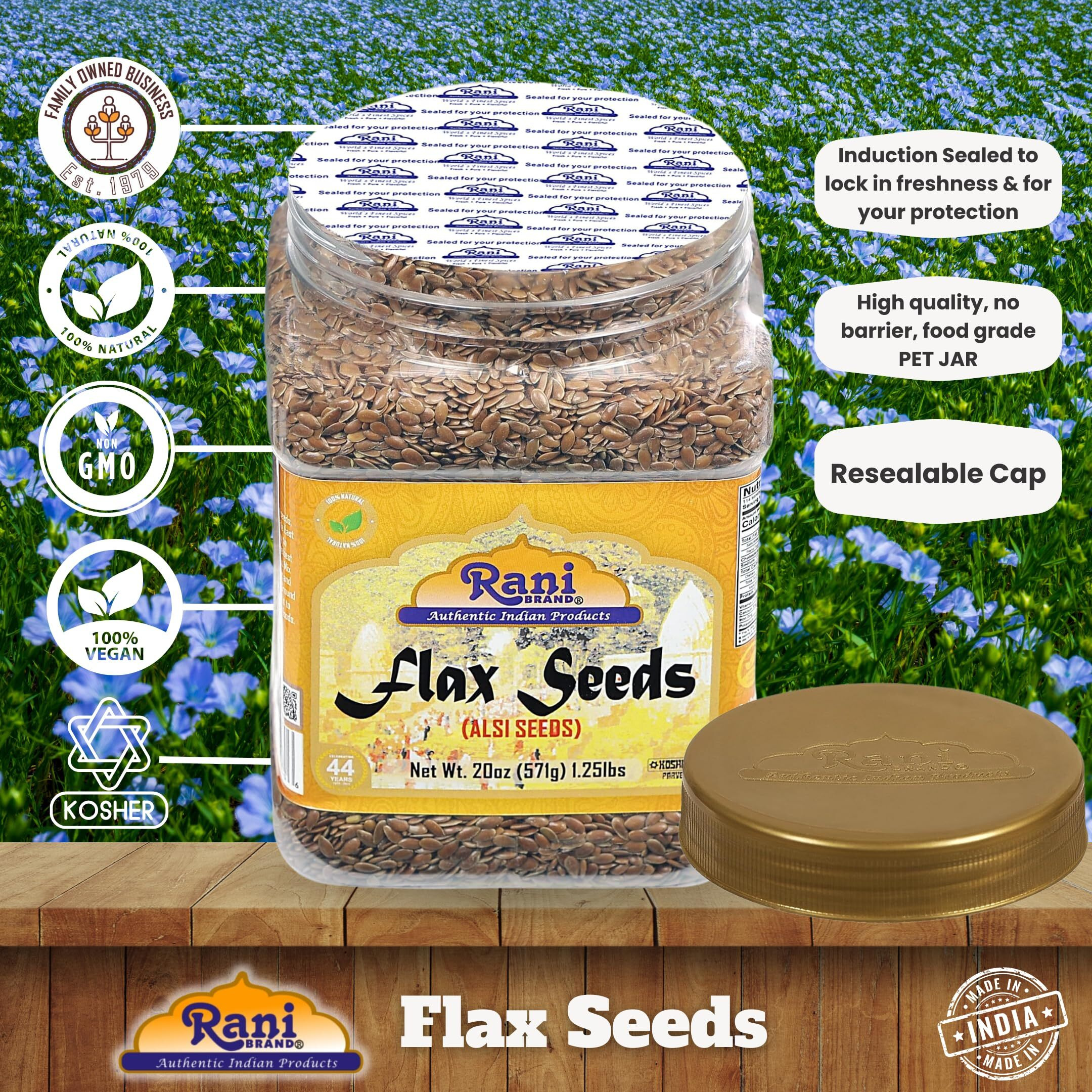 Rani Flax Seeds Whole Raw (Alsi, Linum usitatissimum) 20oz (1.25lbs) 567g PET Jar ~ All Natural, Gluten Friendly, Non-GMO, Kosher, Vegan, Indian Origin