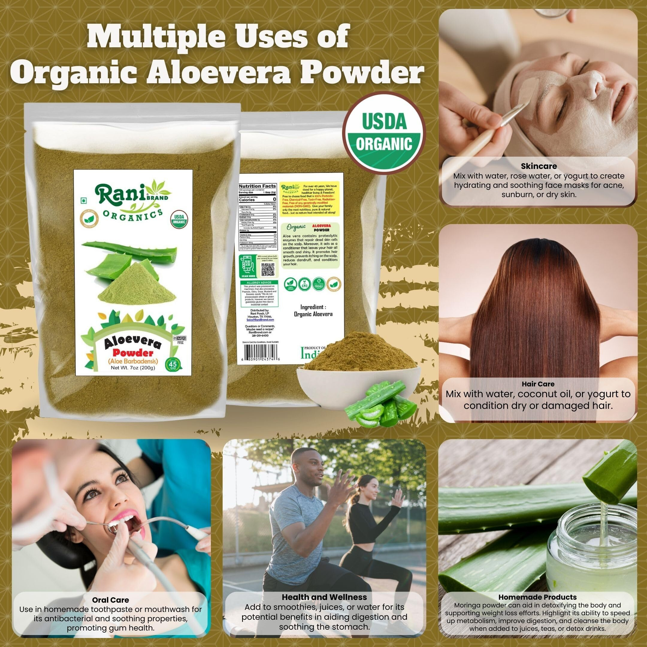 Rani Organic Aloevera Powder (Aloe Barbadensis) 7oz (200g) ~ All Natural, No Color, Gluten Friendly, Vegan, Non-GMO, Kosher, No Salt or fillers, Indian Origin, USDA Organic Certified
