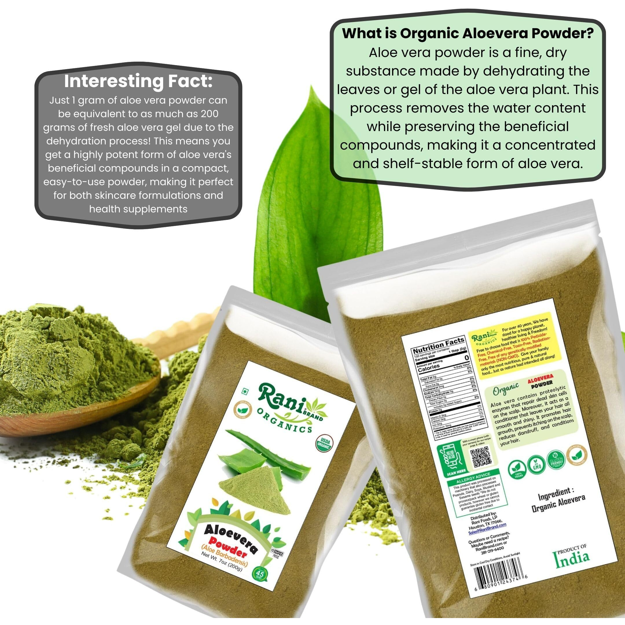 Rani Organic Aloevera Powder (Aloe Barbadensis) 7oz (200g) ~ All Natural, No Color, Gluten Friendly, Vegan, Non-GMO, Kosher, No Salt or fillers, Indian Origin, USDA Organic Certified
