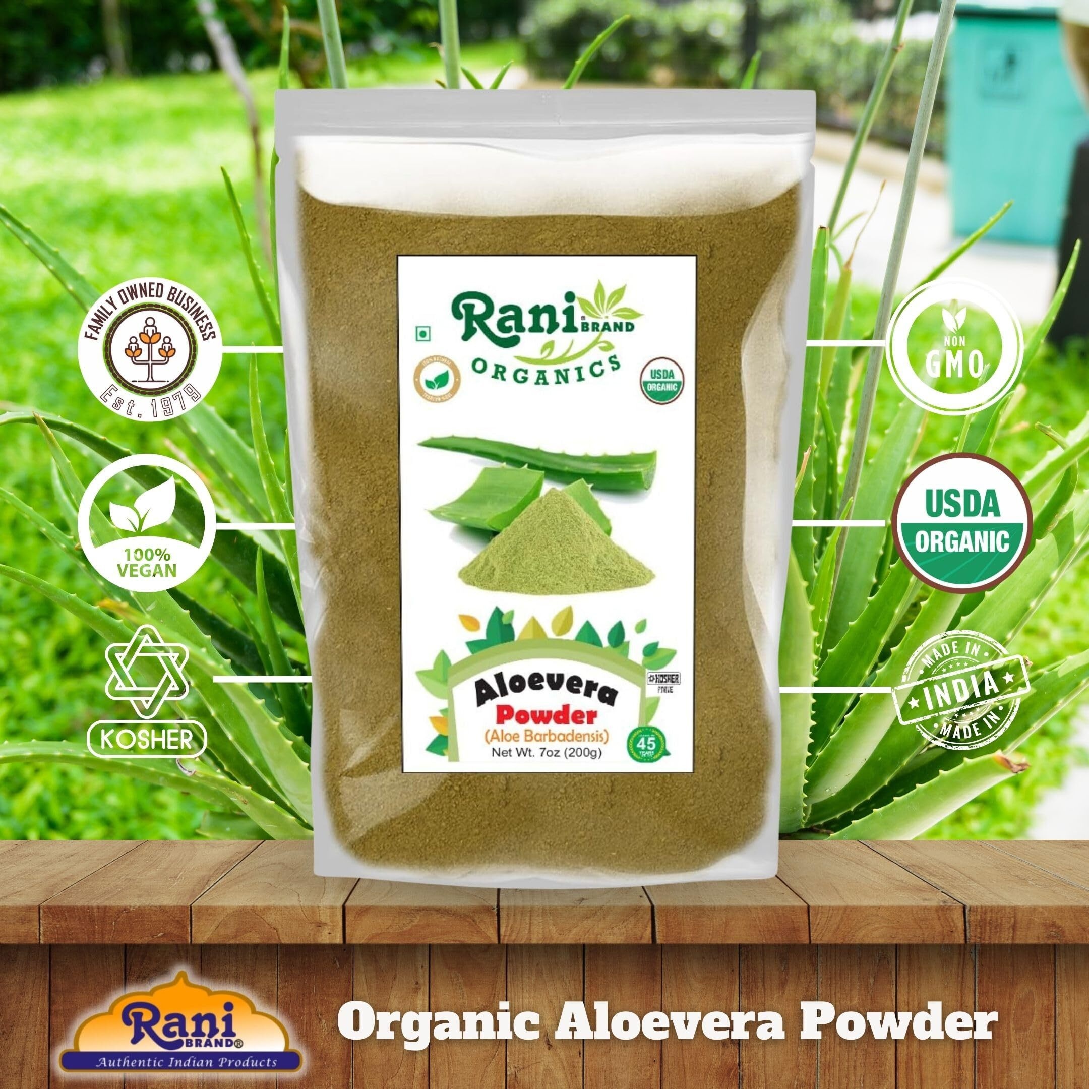 Rani Organic Aloevera Powder (Aloe Barbadensis) 7oz (200g) ~ All Natural, No Color, Gluten Friendly, Vegan, Non-GMO, Kosher, No Salt or fillers, Indian Origin, USDA Organic Certified