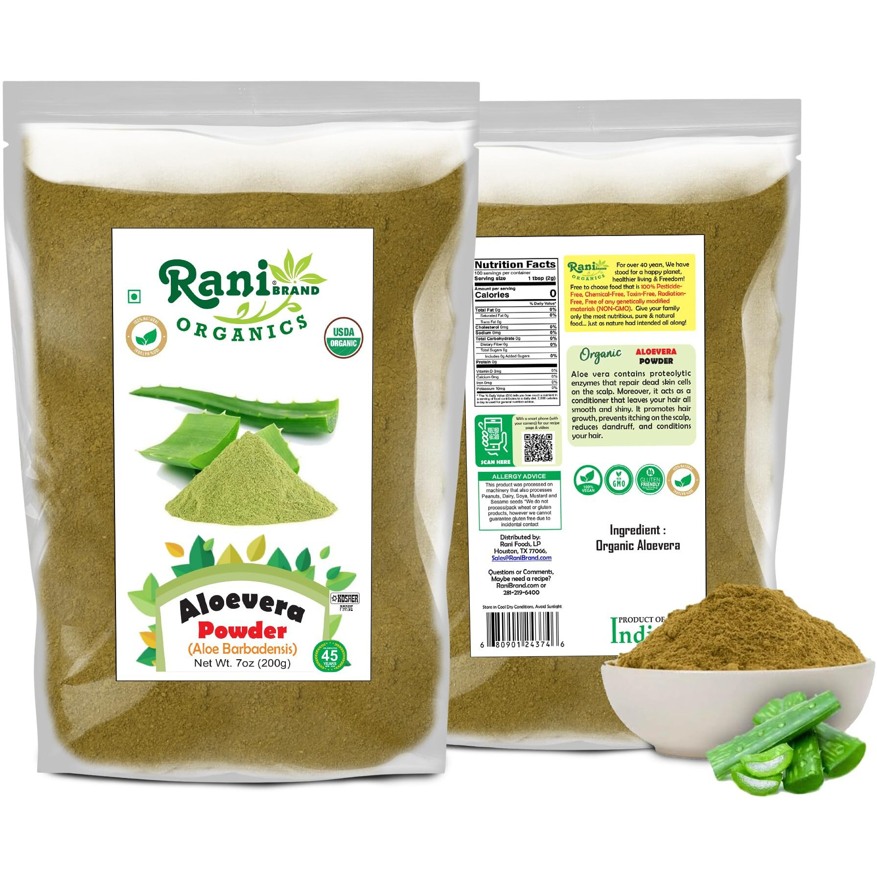 Rani Organic Aloevera Powder (Aloe Barbadensis) 7oz (200g) ~ All Natural, No Color, Gluten Friendly, Vegan, Non-GMO, Kosher, No Salt or fillers, Indian Origin, USDA Organic Certified