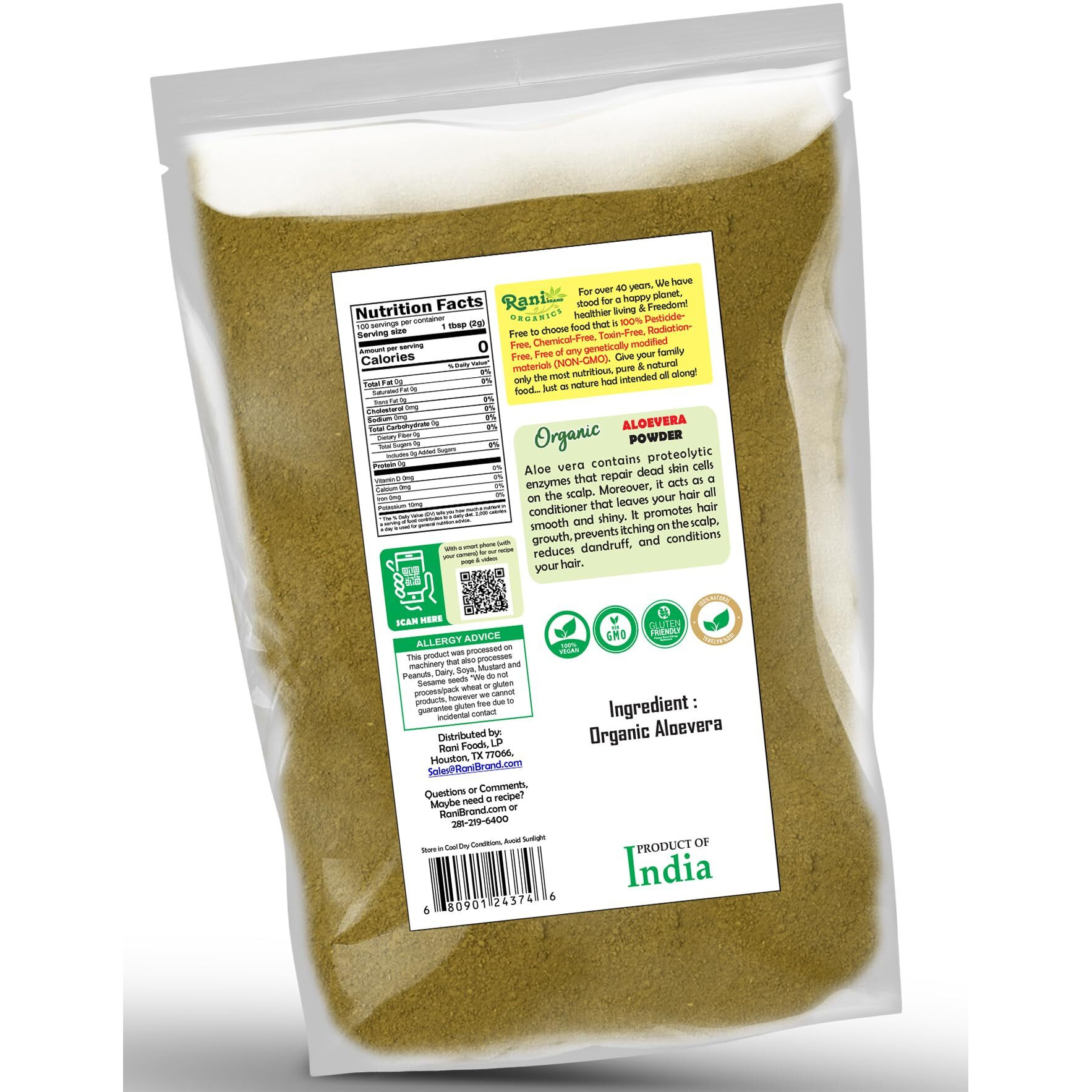 Rani Organic Aloevera Powder (Aloe Barbadensis) 7oz (200g) ~ All Natural, No Color, Gluten Friendly, Vegan, Non-GMO, Kosher, No Salt or fillers, Indian Origin, USDA Organic Certified