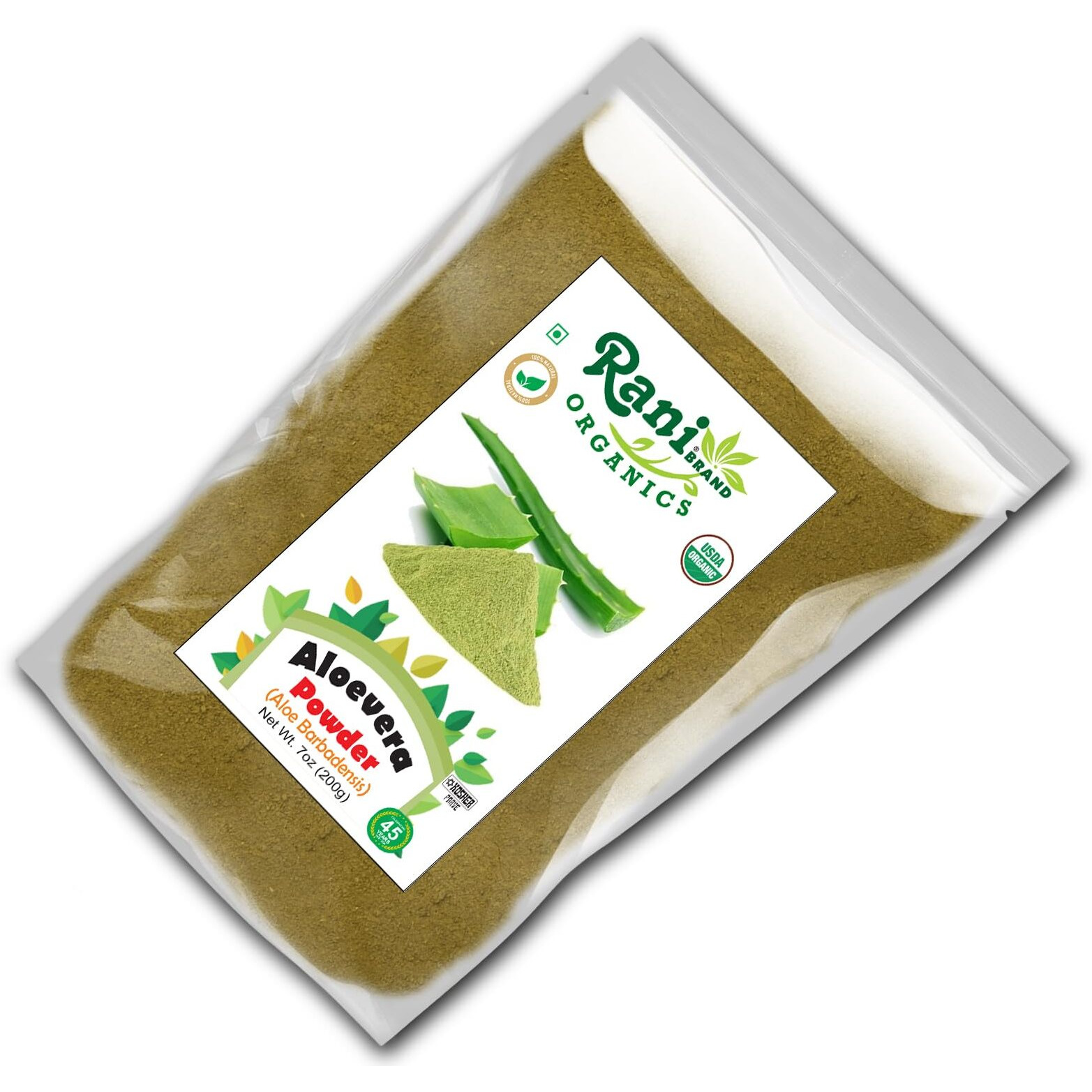 Rani Organic Aloevera Powder (Aloe Barbadensis) 7oz (200g) ~ All Natural, No Color, Gluten Friendly, Vegan, Non-GMO, Kosher, No Salt or fillers, Indian Origin, USDA Organic Certified