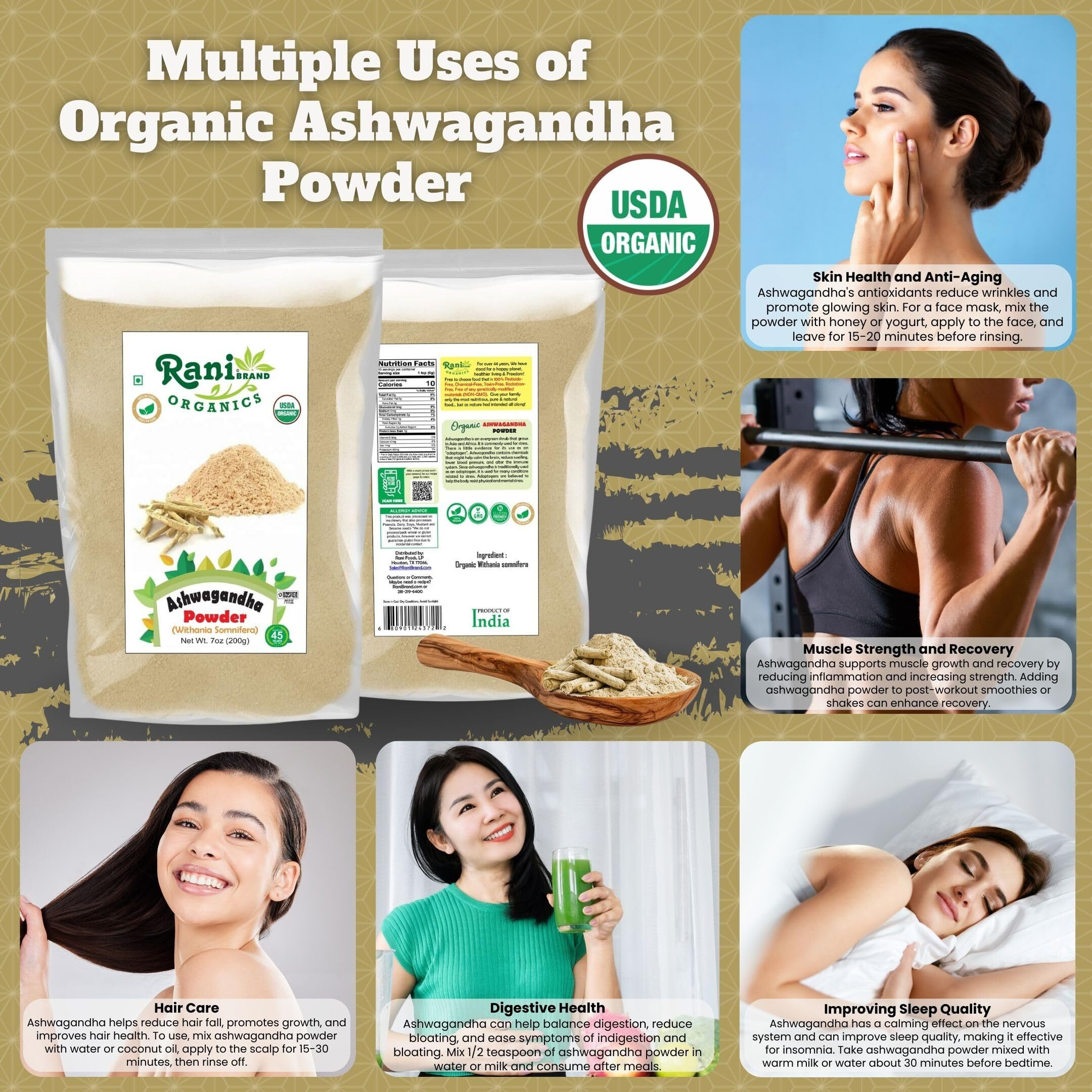 Rani Organic Ashwagandha Powder (Withania Somnifera) 7oz (200g) ~ All Natural, No Color, Gluten Friendly, Vegan, Non-GMO, Kosher, No Salt or fillers, Indian Origin, USDA Organic Certified