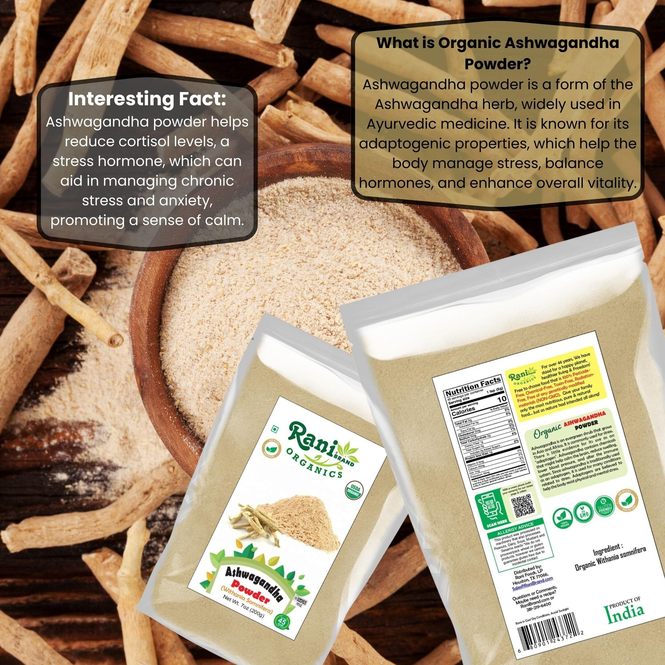 Rani Organic Ashwagandha Powder (Withania Somnifera) 7oz (200g) ~ All Natural, No Color, Gluten Friendly, Vegan, Non-GMO, Kosher, No Salt or fillers, Indian Origin, USDA Organic Certified