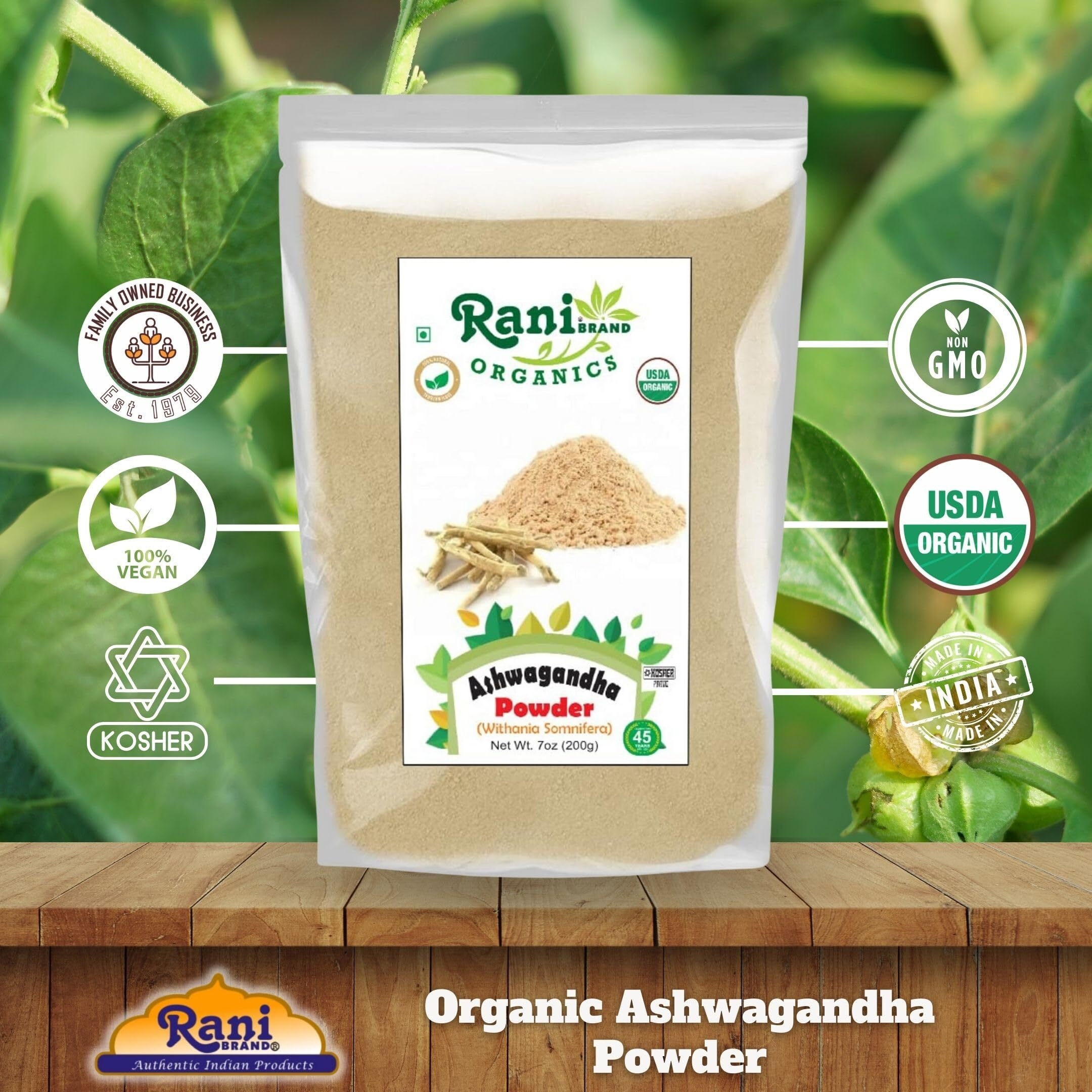 Rani Organic Ashwagandha Powder (Withania Somnifera) 7oz (200g) ~ All Natural, No Color, Gluten Friendly, Vegan, Non-GMO, Kosher, No Salt or fillers, Indian Origin, USDA Organic Certified