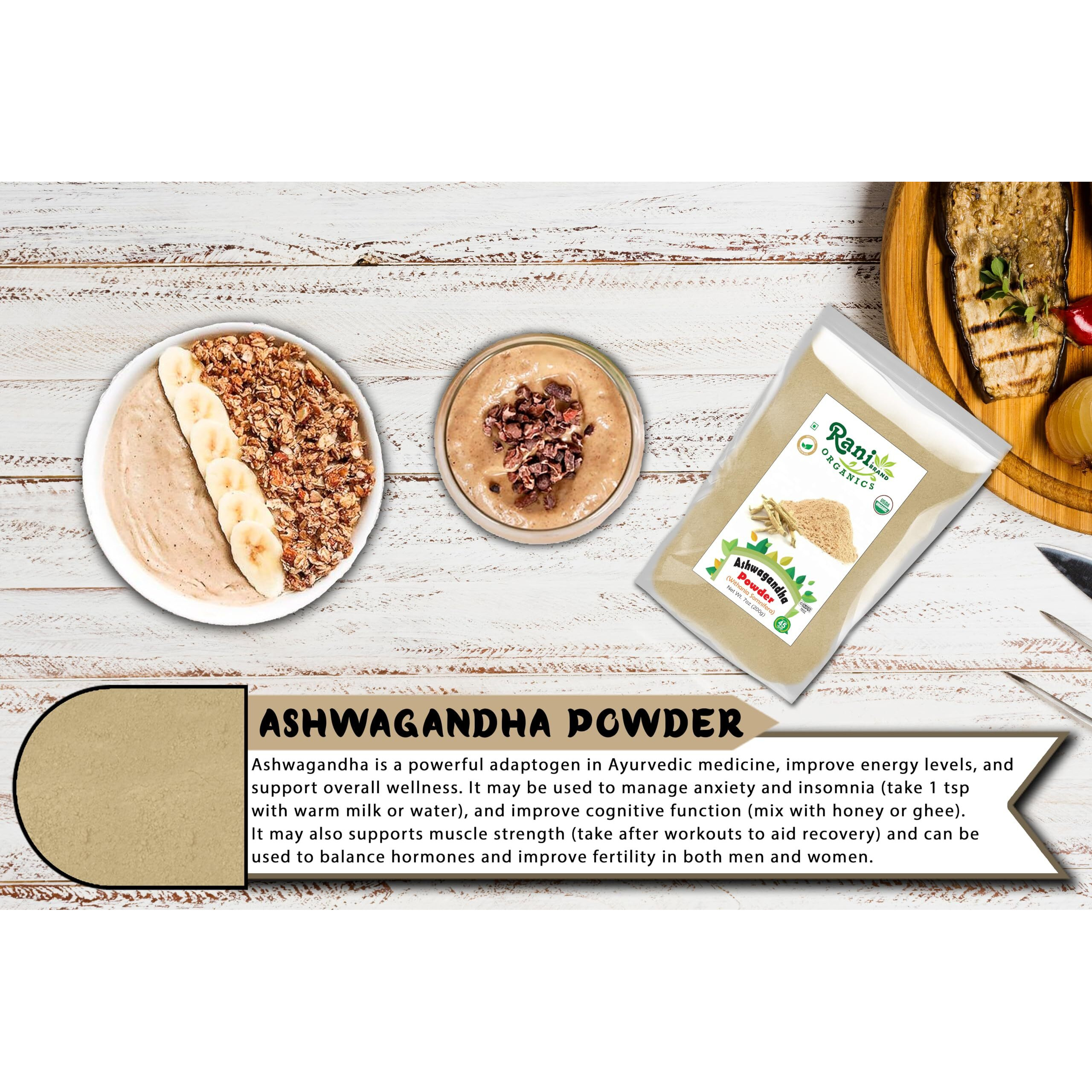 Rani Organic Ashwagandha Powder (Withania Somnifera) 7oz (200g) ~ All Natural, No Color, Gluten Friendly, Vegan, Non-GMO, Kosher, No Salt or fillers, Indian Origin, USDA Organic Certified