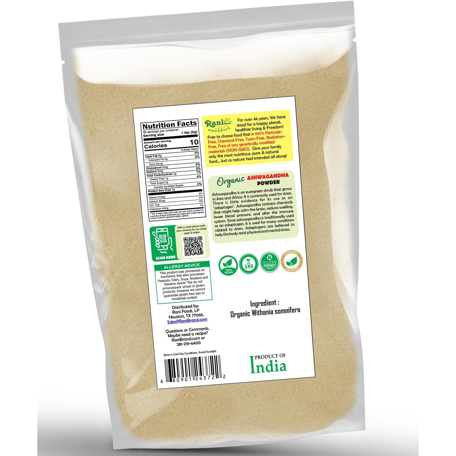 Rani Organic Ashwagandha Powder (Withania Somnifera) 7oz (200g) ~ All Natural, No Color, Gluten Friendly, Vegan, Non-GMO, Kosher, No Salt or fillers, Indian Origin, USDA Organic Certified