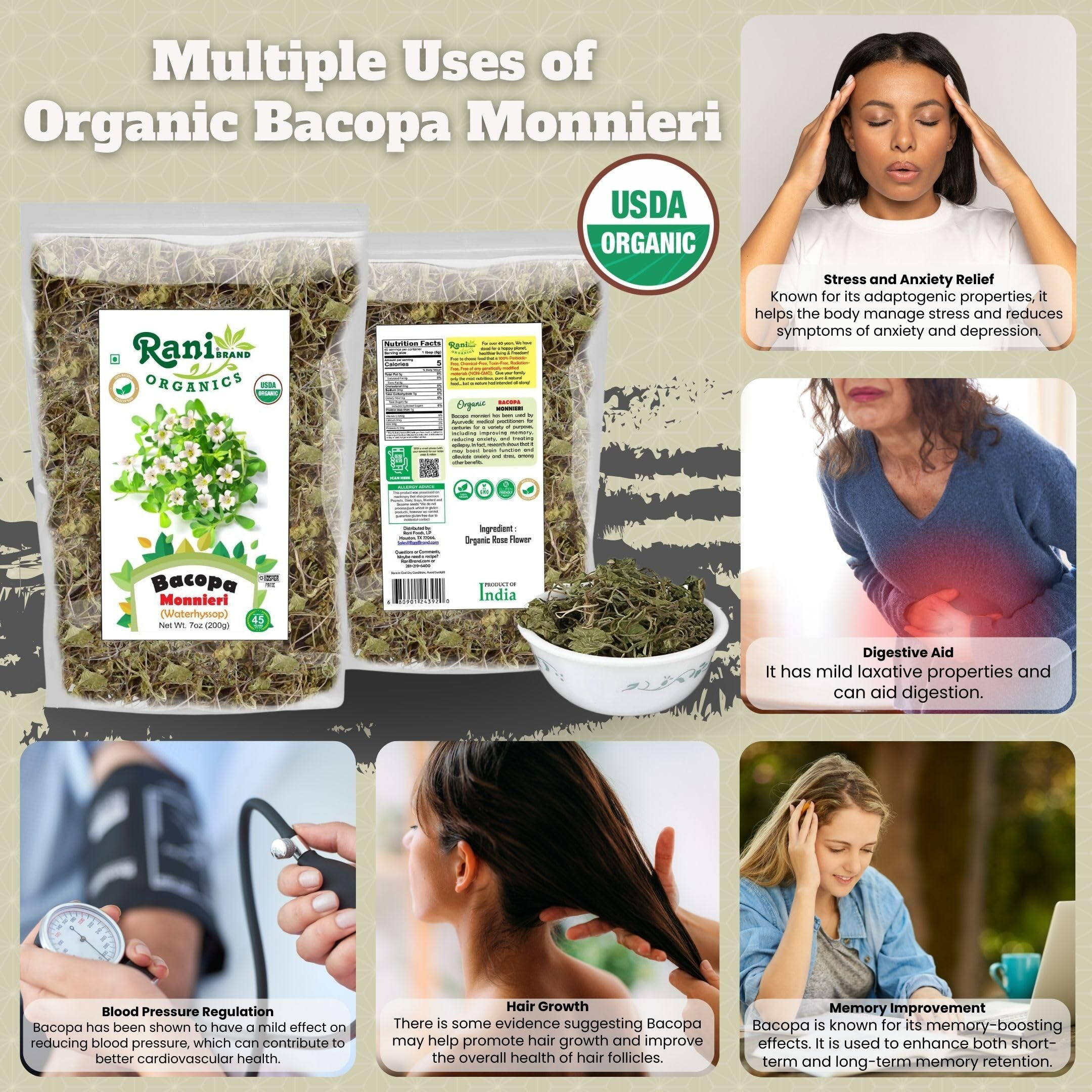 Rani Organic Bacopa Monnieri (Waterhyssop) 7oz (200g) ~ All Natural, No Color, Gluten Friendly, Vegan, Non-GMO, Kosher, No Salt or fillers, Indian Origin, USDA Organic Certified