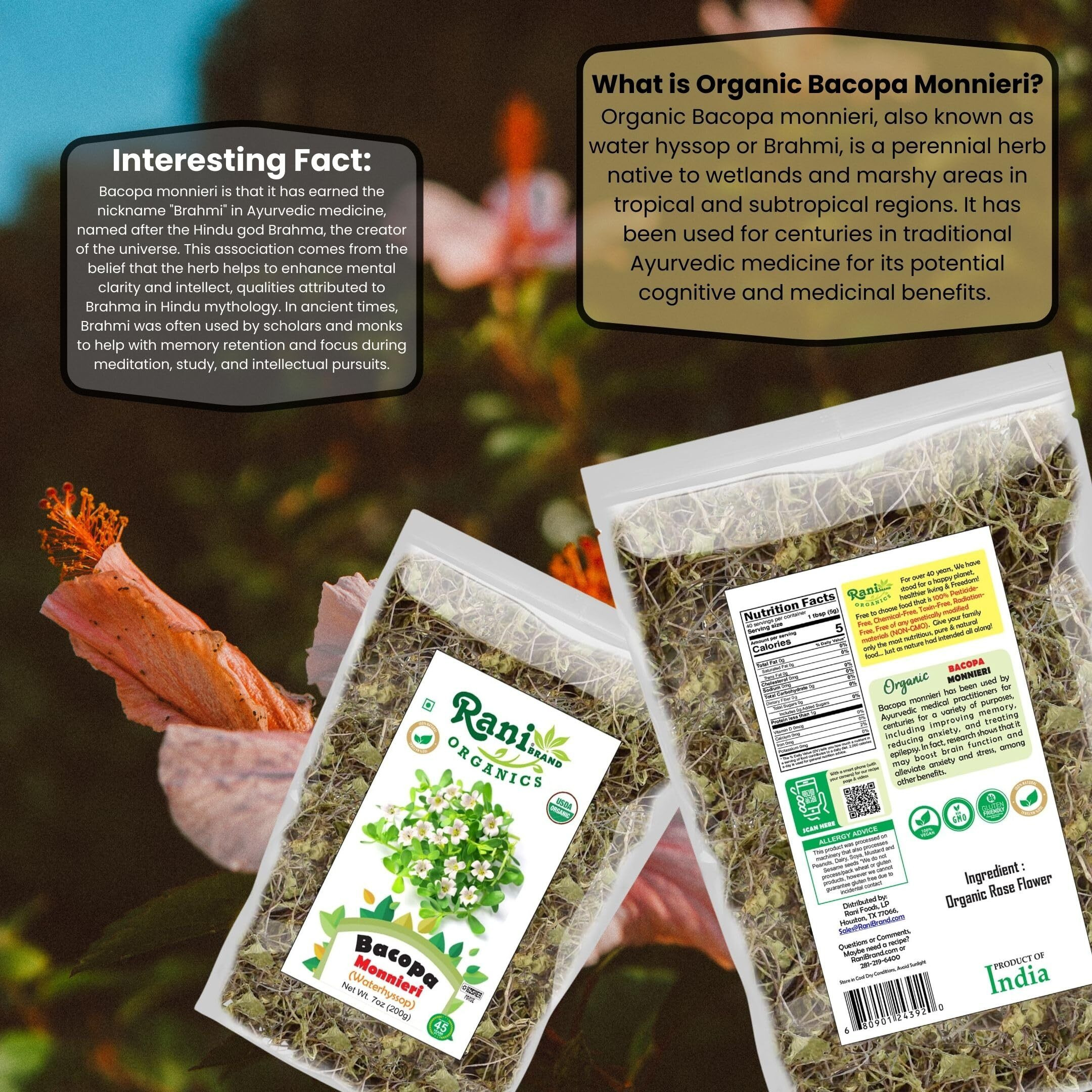 Rani Organic Bacopa Monnieri (Waterhyssop) 7oz (200g) ~ All Natural, No Color, Gluten Friendly, Vegan, Non-GMO, Kosher, No Salt or fillers, Indian Origin, USDA Organic Certified