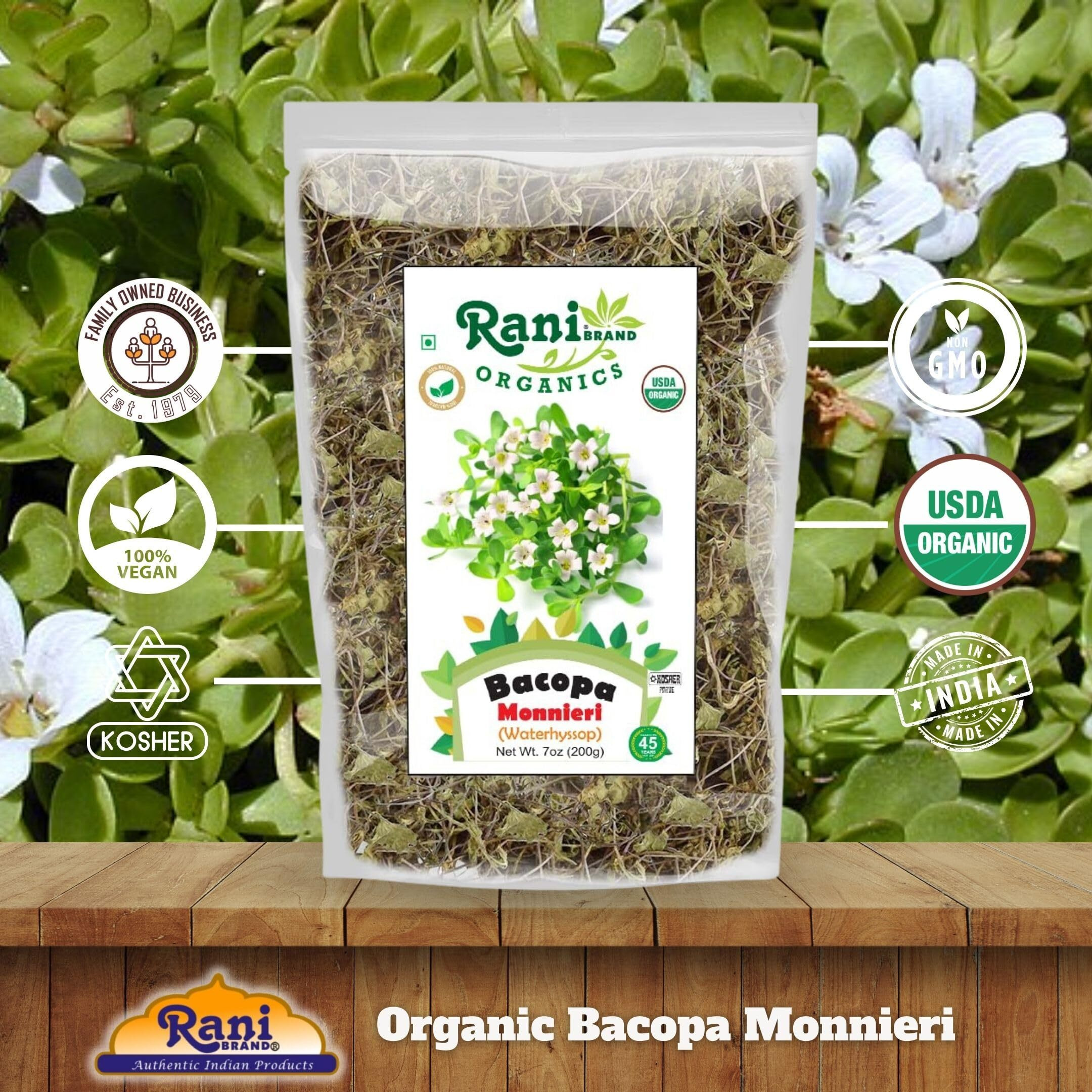 Rani Organic Bacopa Monnieri (Waterhyssop) 7oz (200g) ~ All Natural, No Color, Gluten Friendly, Vegan, Non-GMO, Kosher, No Salt or fillers, Indian Origin, USDA Organic Certified