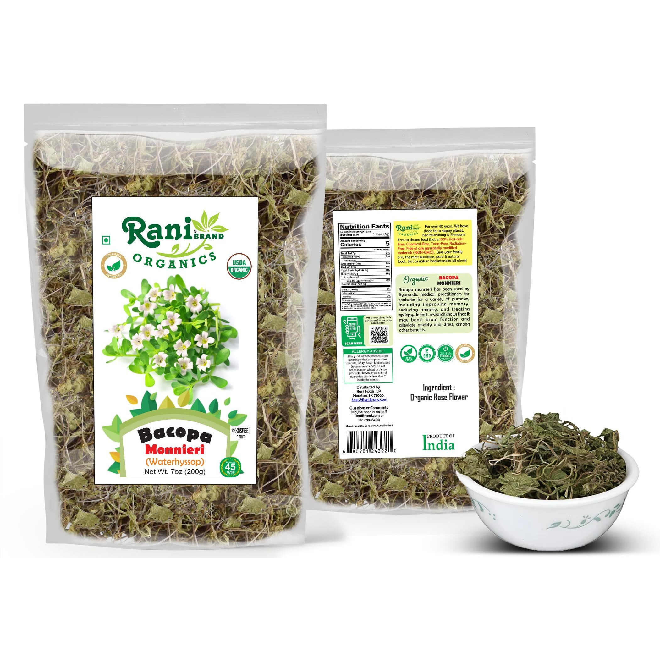Rani Organic Bacopa Monnieri (Waterhyssop) 7oz (200g) ~ All Natural, No Color, Gluten Friendly, Vegan, Non-GMO, Kosher, No Salt or fillers, Indian Origin, USDA Organic Certified