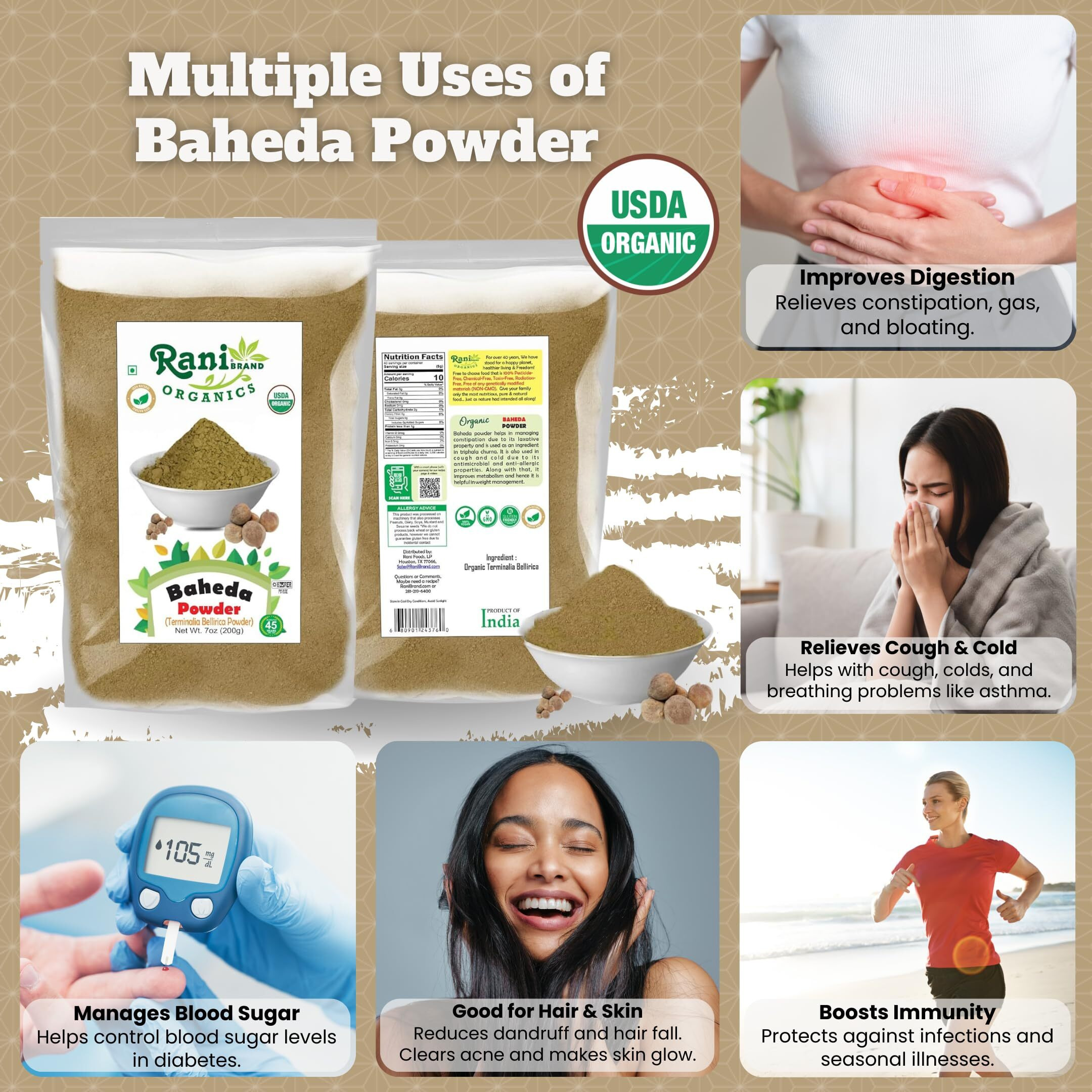 Rani Organic Baheda Powder (Terminalia Bellirica Powder) 7oz (200g) ~ All Natural, No Color, Gluten Friendly, Vegan, Non-GMO, Kosher, No Salt or fillers, Indian Origin, USDA Organic Certified