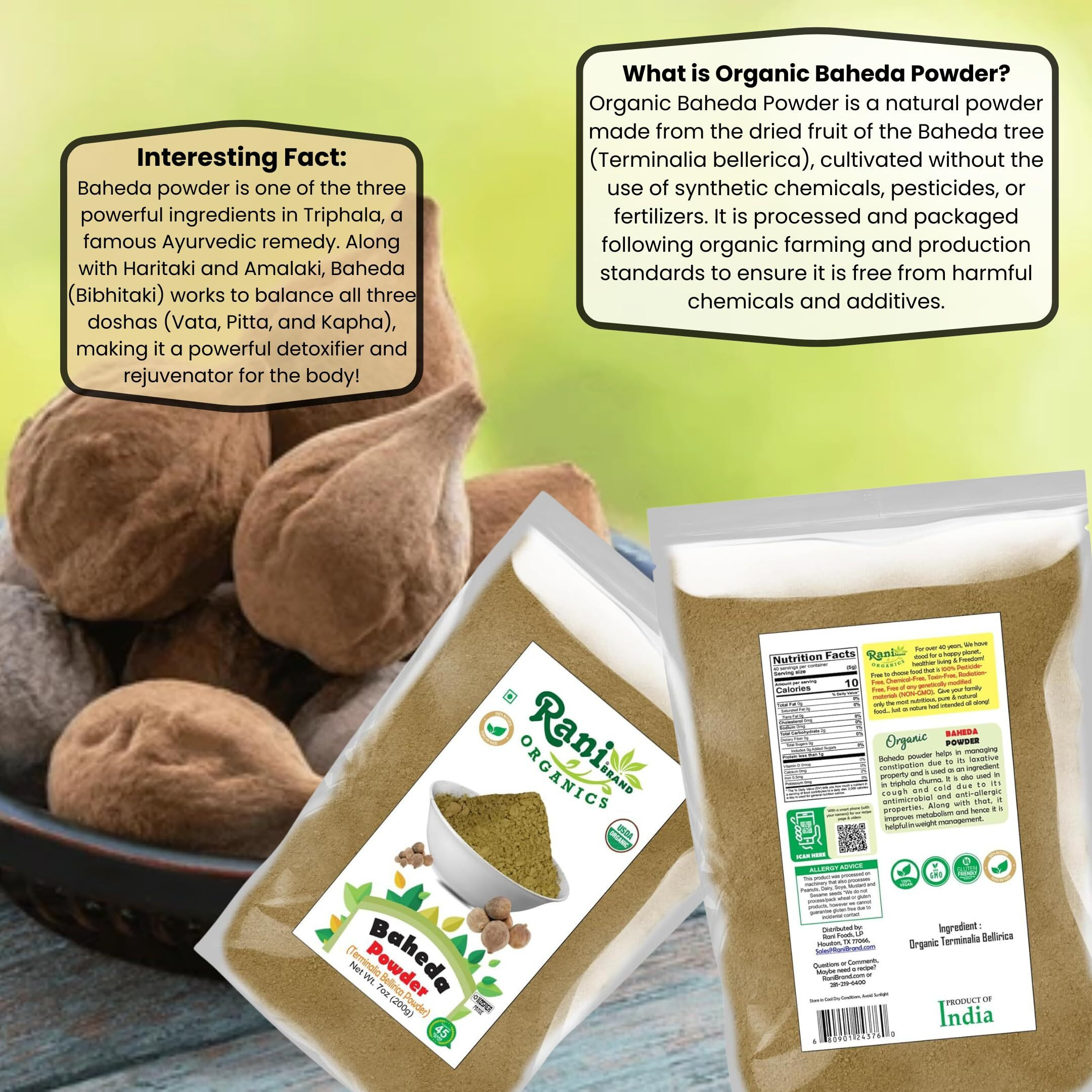 Rani Organic Baheda Powder (Terminalia Bellirica Powder) 7oz (200g) ~ All Natural, No Color, Gluten Friendly, Vegan, Non-GMO, Kosher, No Salt or fillers, Indian Origin, USDA Organic Certified