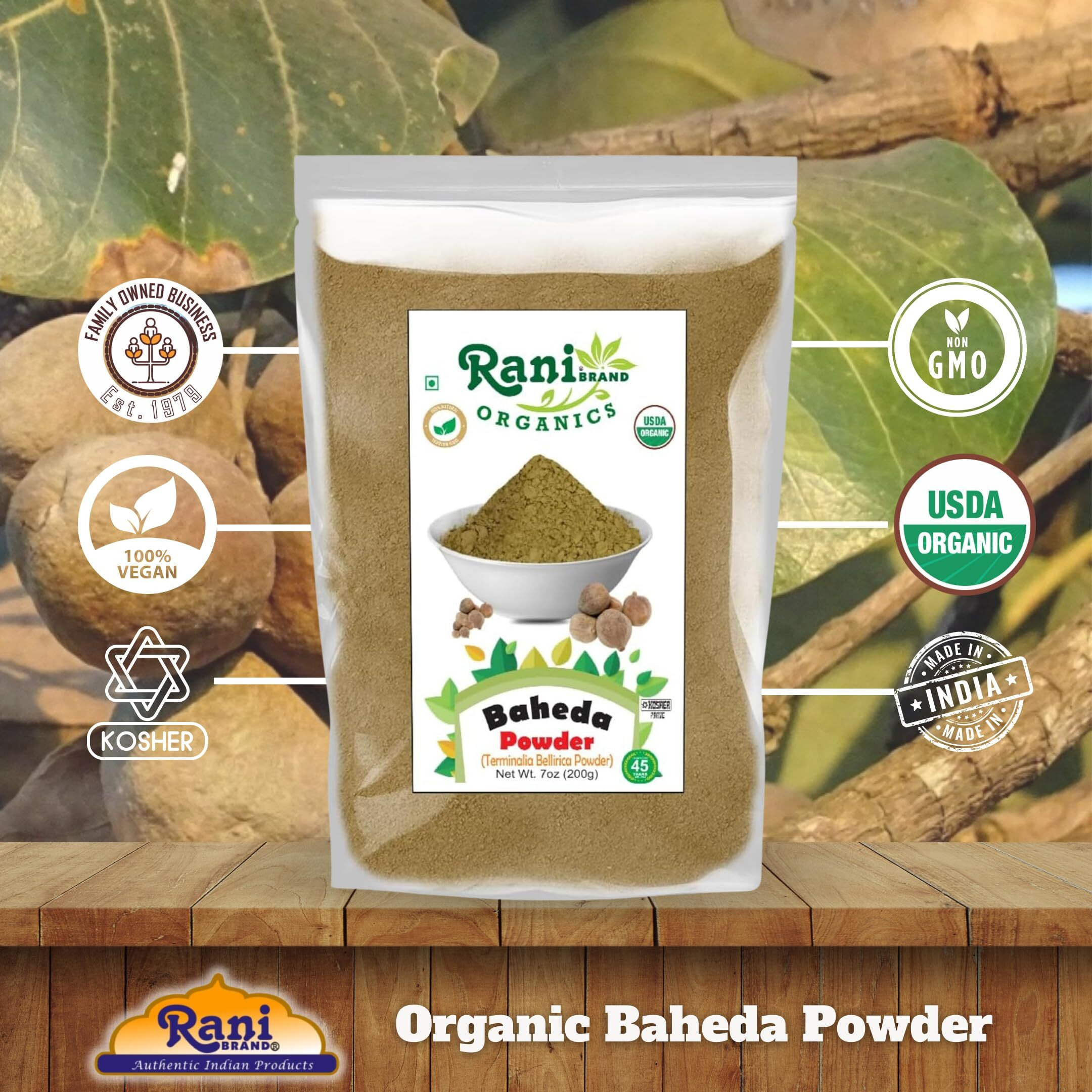Rani Organic Baheda Powder (Terminalia Bellirica Powder) 7oz (200g) ~ All Natural, No Color, Gluten Friendly, Vegan, Non-GMO, Kosher, No Salt or fillers, Indian Origin, USDA Organic Certified