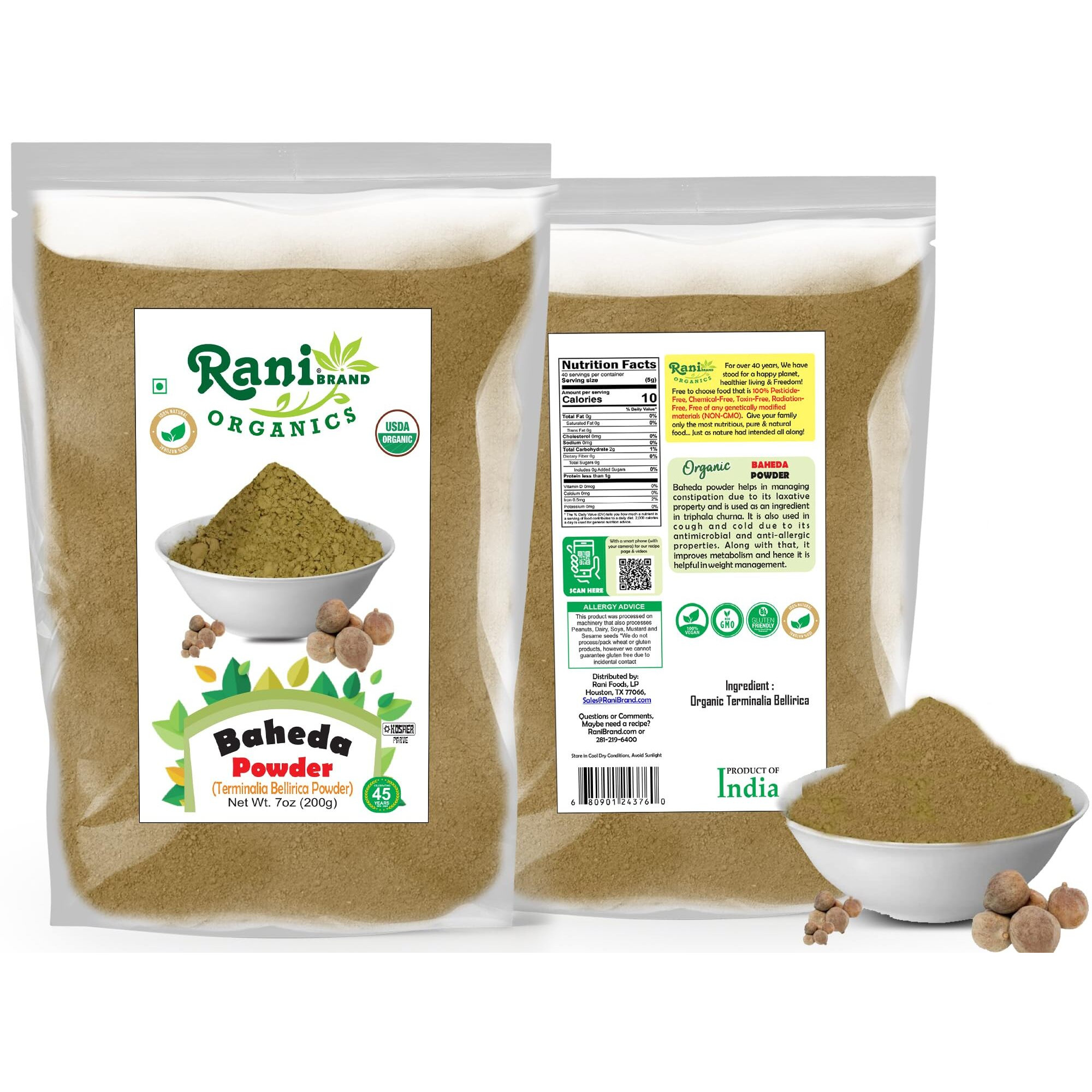Rani Organic Baheda Powder (Terminalia Bellirica Powder) 7oz (200g) ~ All Natural, No Color, Gluten Friendly, Vegan, Non-GMO, Kosher, No Salt or fillers, Indian Origin, USDA Organic Certified