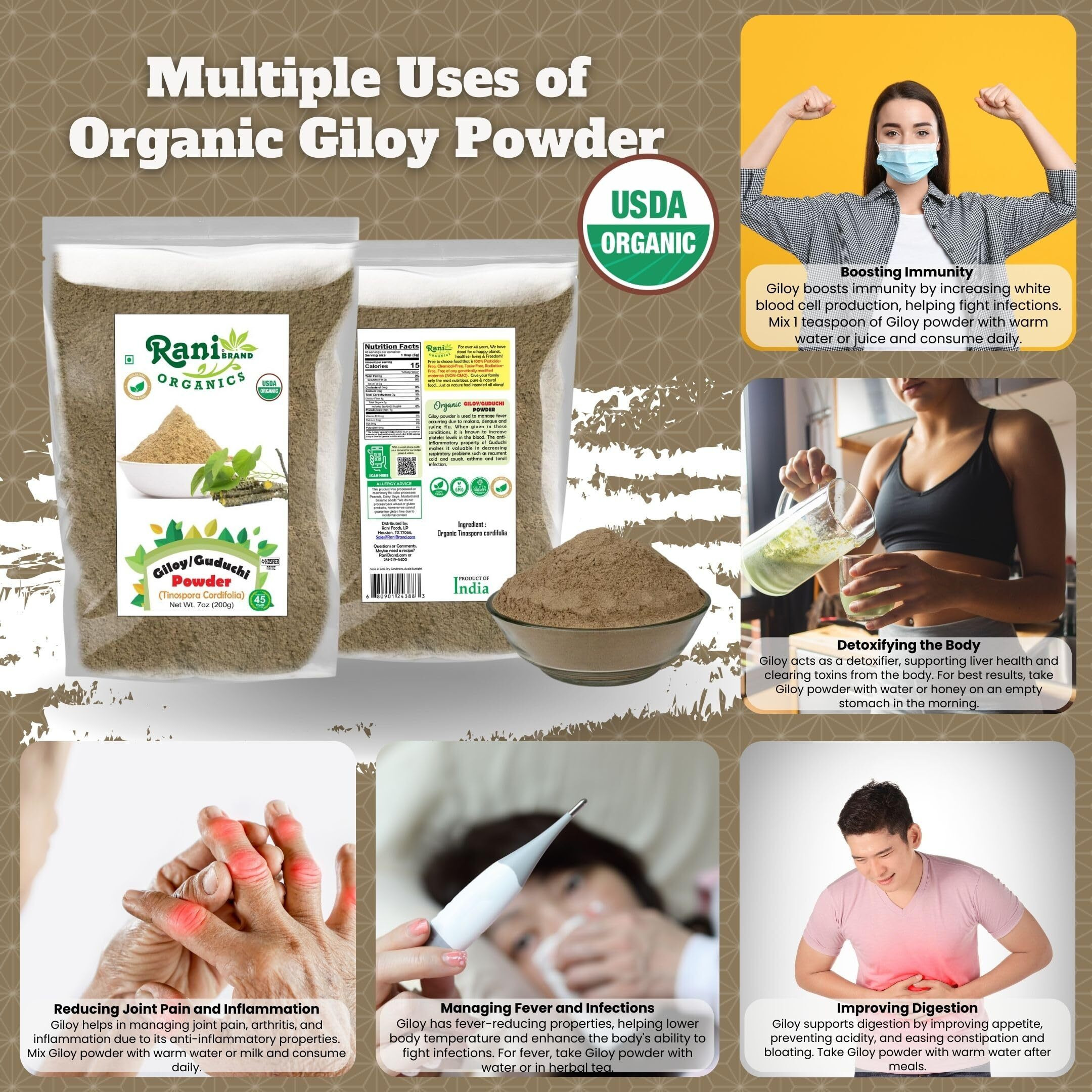 Rani Organic Giloy Powder (Tinospora Cordifolia) 7oz (200g) ~ All Natural, No Color, Gluten Friendly, Vegan, Non-GMO, Kosher, No Salt or fillers, Indian Origin, USDA Organic Certified