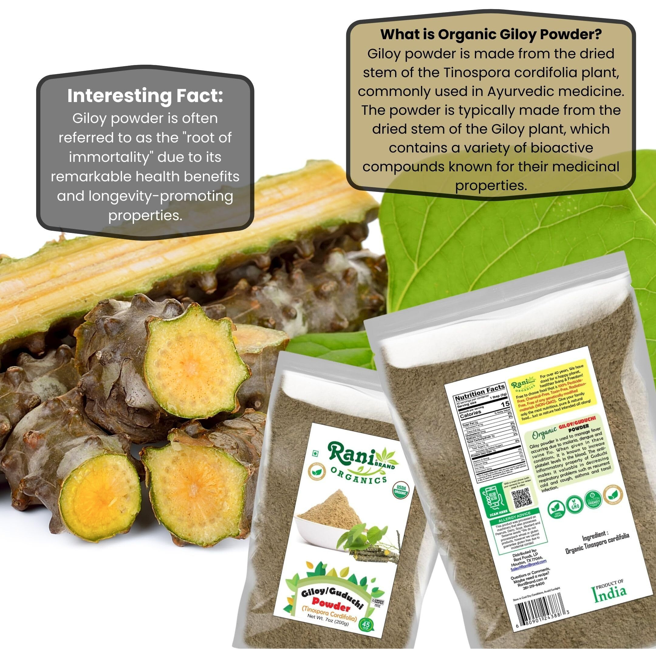 Rani Organic Giloy Powder (Tinospora Cordifolia) 7oz (200g) ~ All Natural, No Color, Gluten Friendly, Vegan, Non-GMO, Kosher, No Salt or fillers, Indian Origin, USDA Organic Certified