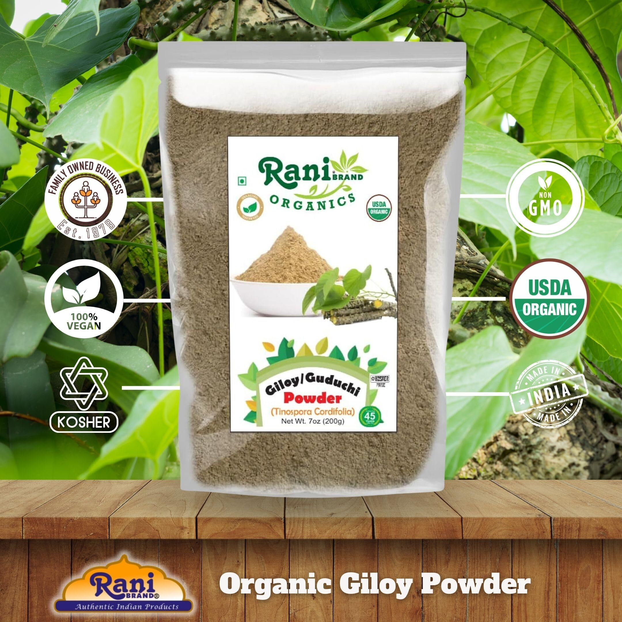 Rani Organic Giloy Powder (Tinospora Cordifolia) 7oz (200g) ~ All Natural, No Color, Gluten Friendly, Vegan, Non-GMO, Kosher, No Salt or fillers, Indian Origin, USDA Organic Certified