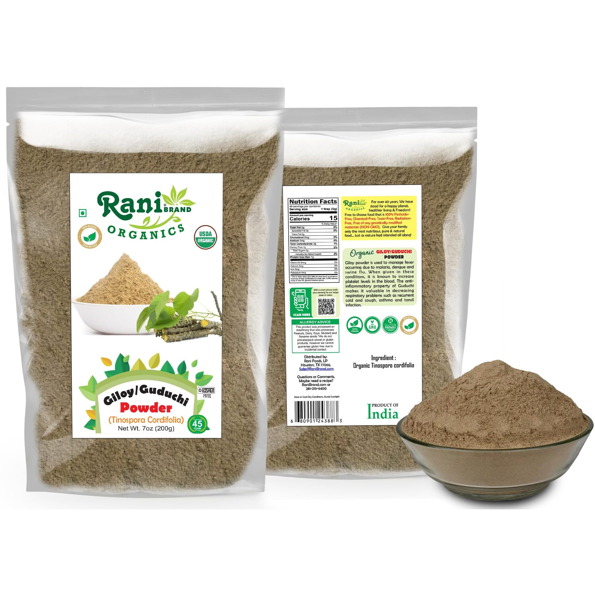 Rani Organic Giloy Powder (Tinospora Cordifolia) 7oz (200g) ~ All Natural, No Color, Gluten Friendly, Vegan, Non-GMO, Kosher, No Salt or fillers, Indian Origin, USDA Organic Certified