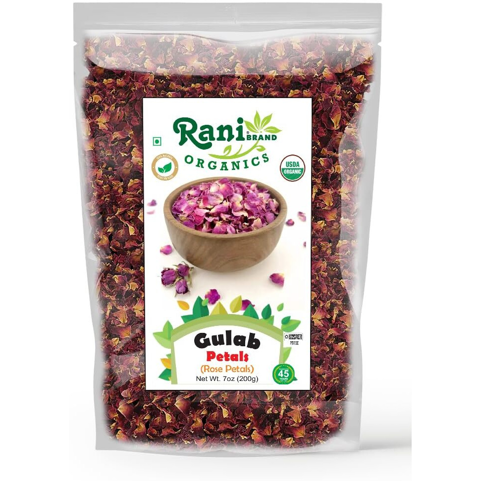 Rani Organic Gulab Petals (Rose Petals) 7oz (200g) For Rose Water, Desserts, Spice Blends ~ All Natural, No Color, Gluten Friendly, Vegan, NON-GMO, Kosher, Indian Origin, USDA Organic Certified