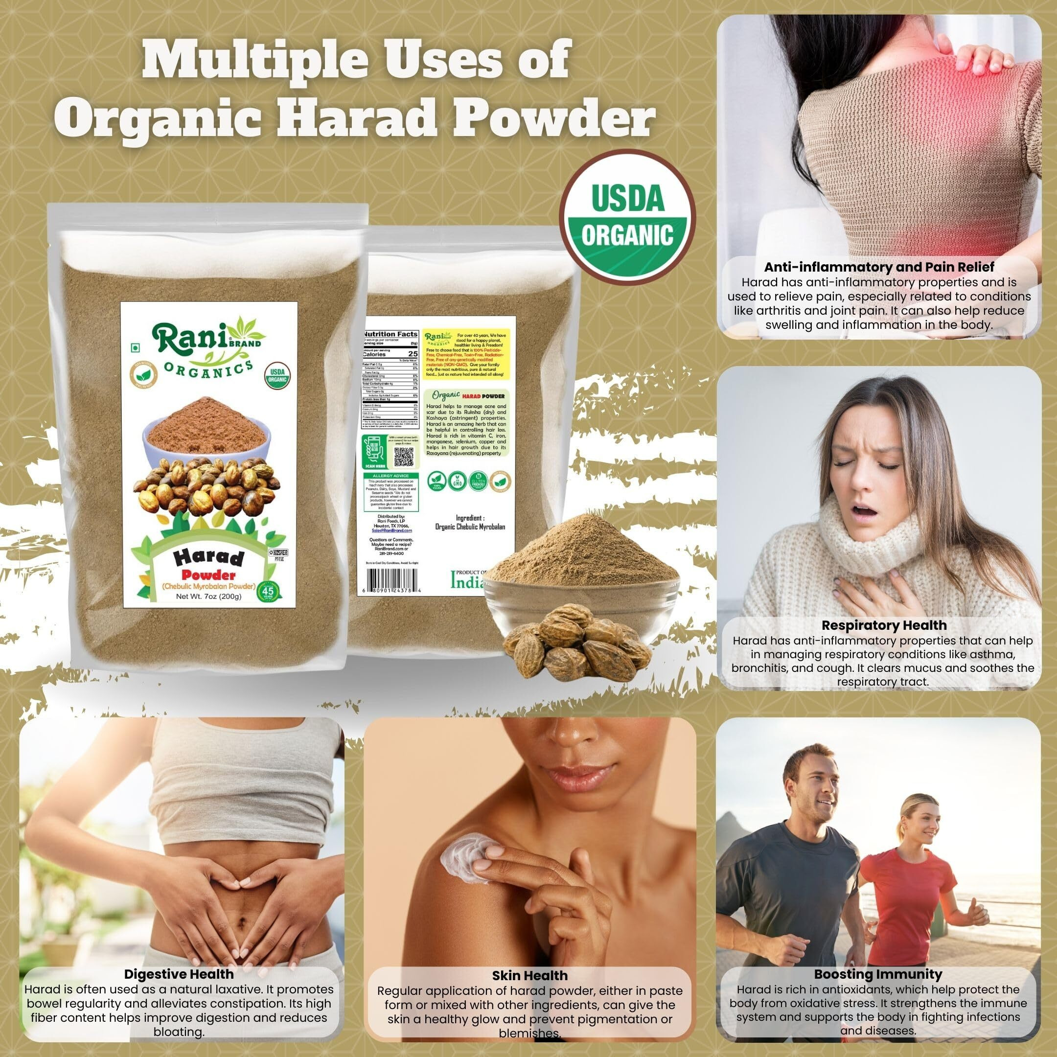Rani Organic Harad Powder (Chebulic Myrobalan Powder) 7oz (200g) ~ All Natural, No Color, Gluten Friendly, Vegan, Non-GMO, Kosher, No Salt or fillers, Indian Origin, USDA Organic Certified