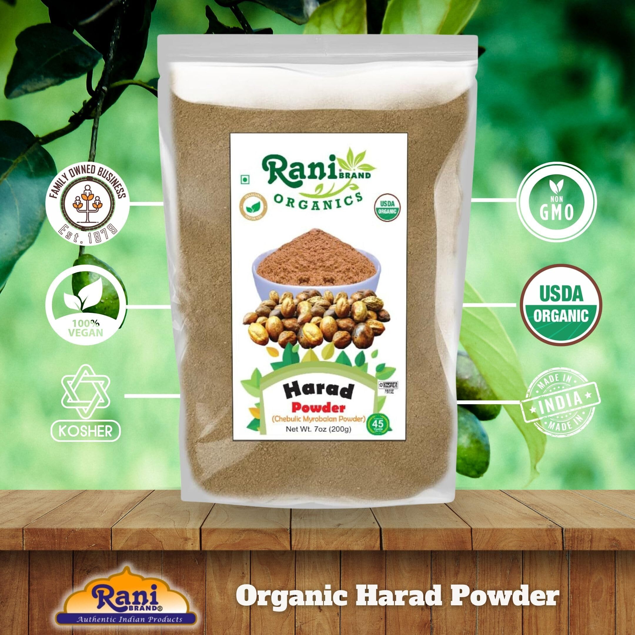 Rani Organic Harad Powder (Chebulic Myrobalan Powder) 7oz (200g) ~ All Natural, No Color, Gluten Friendly, Vegan, Non-GMO, Kosher, No Salt or fillers, Indian Origin, USDA Organic Certified